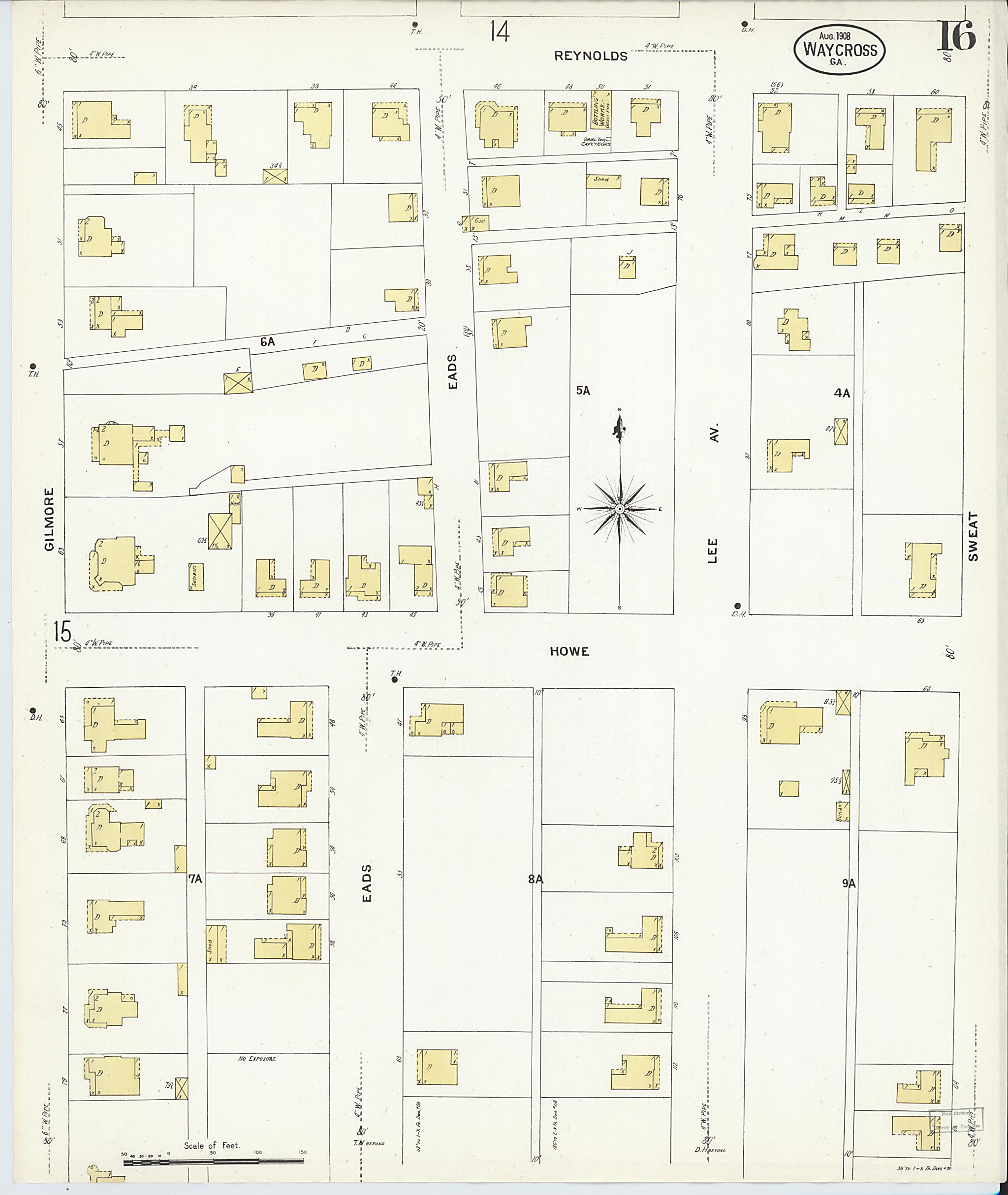 This old map of Waycross, Ware County, Georgia was created by Sanborn Map Company in 1908