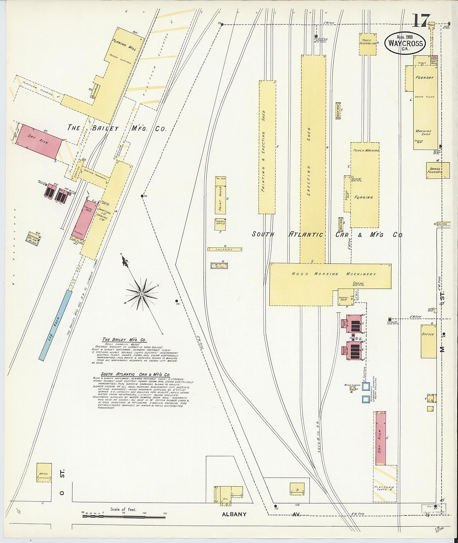 This old map of Waycross, Ware County, Georgia was created by Sanborn Map Company in 1908