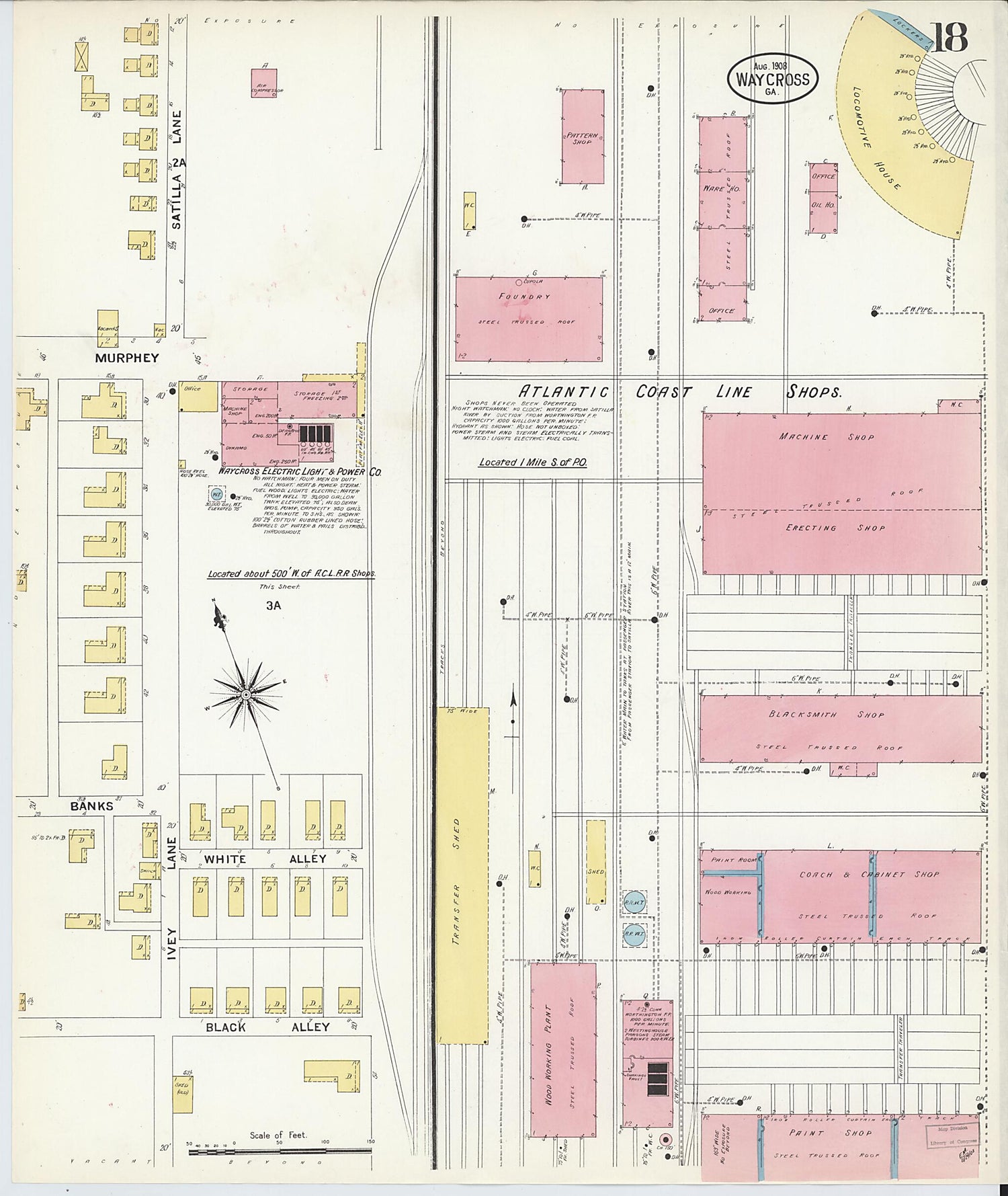 This old map of Waycross, Ware County, Georgia was created by Sanborn Map Company in 1908