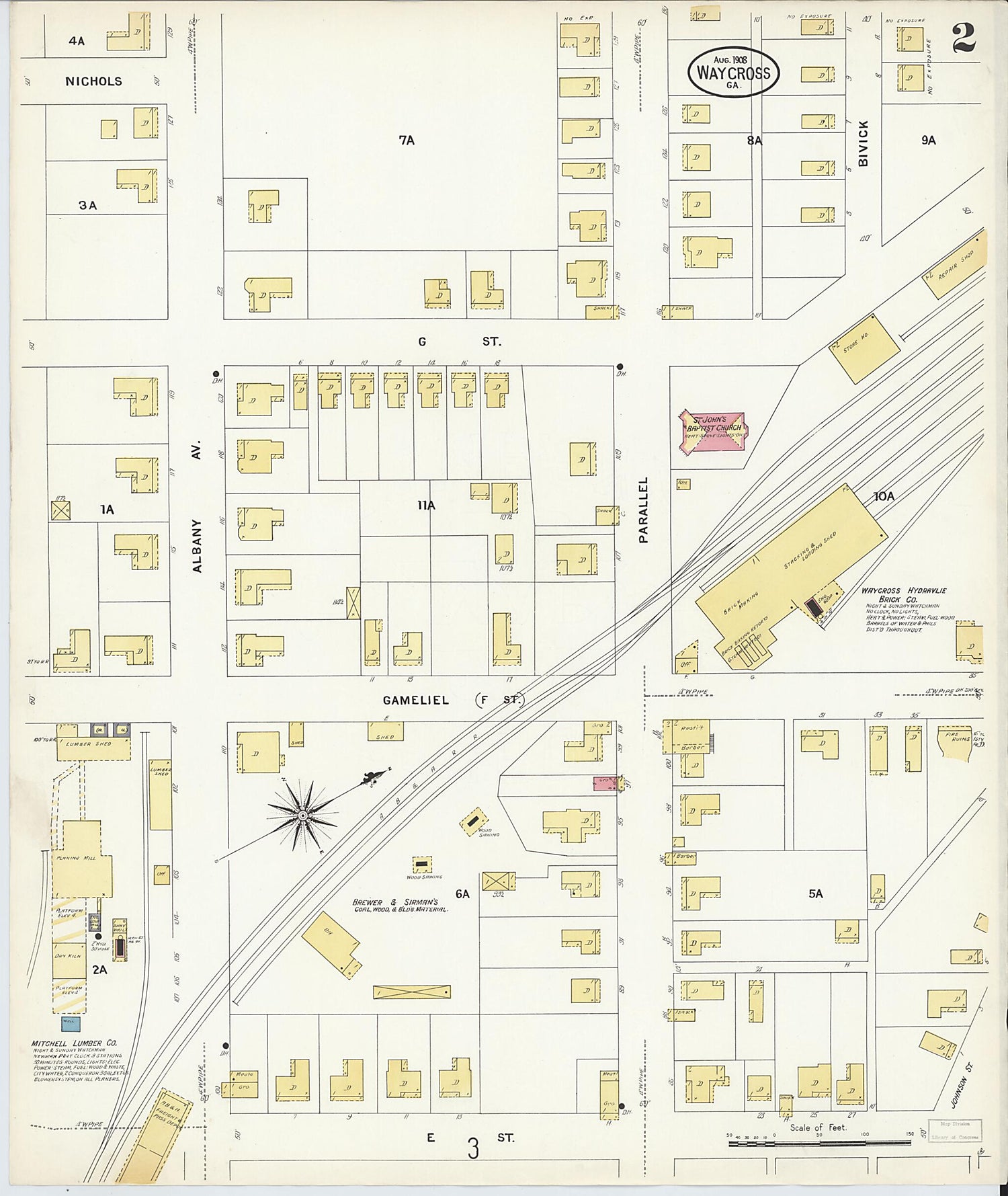 This old map of Waycross, Ware County, Georgia was created by Sanborn Map Company in 1908