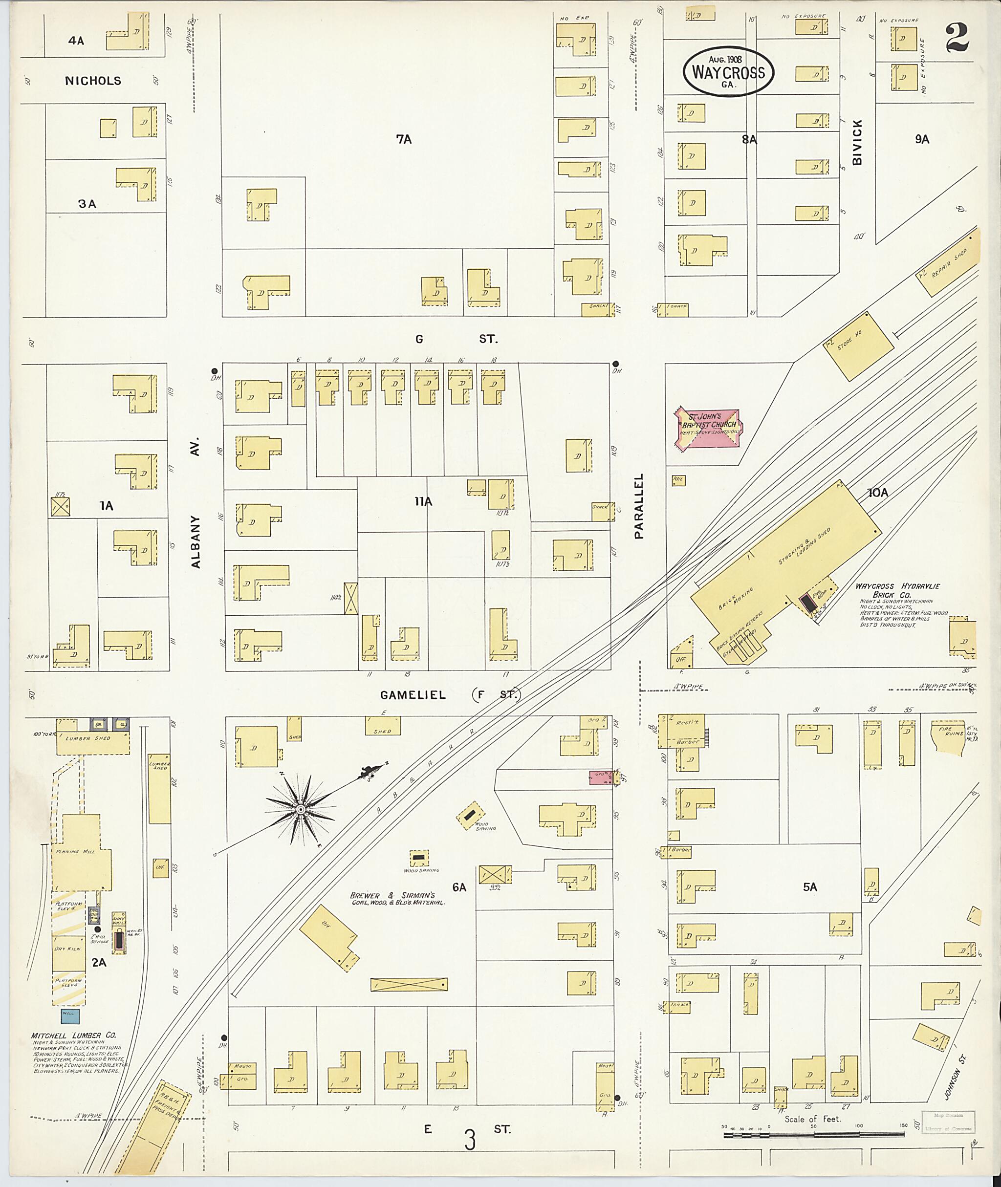 This old map of Waycross, Ware County, Georgia was created by Sanborn Map Company in 1908