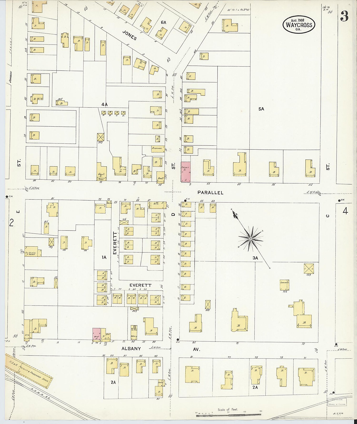 This old map of Waycross, Ware County, Georgia was created by Sanborn Map Company in 1908