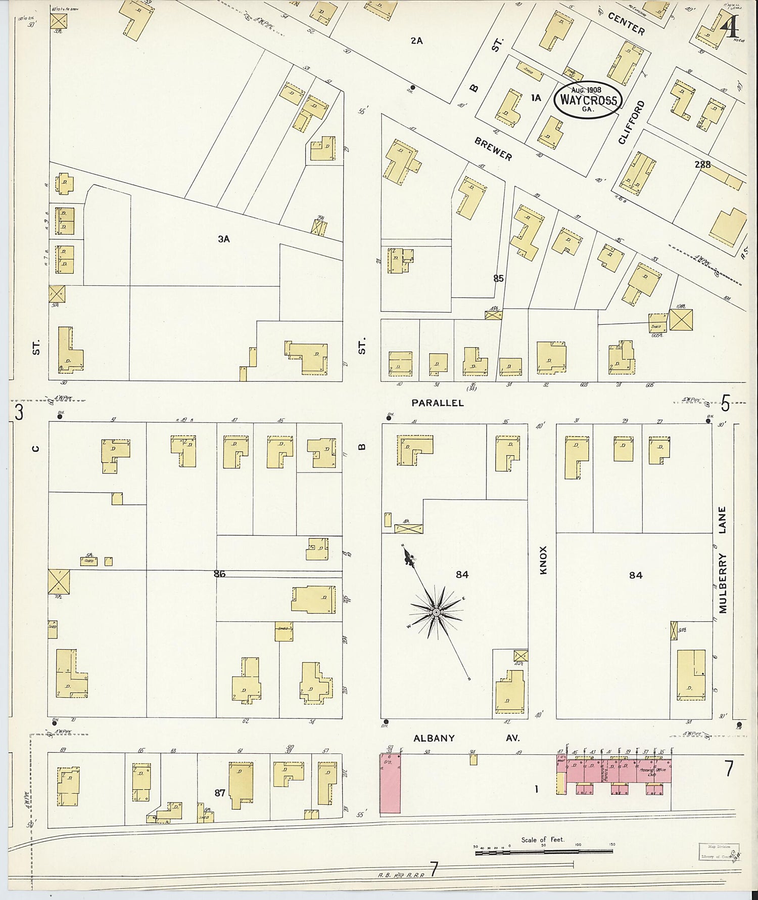 This old map of Waycross, Ware County, Georgia was created by Sanborn Map Company in 1908