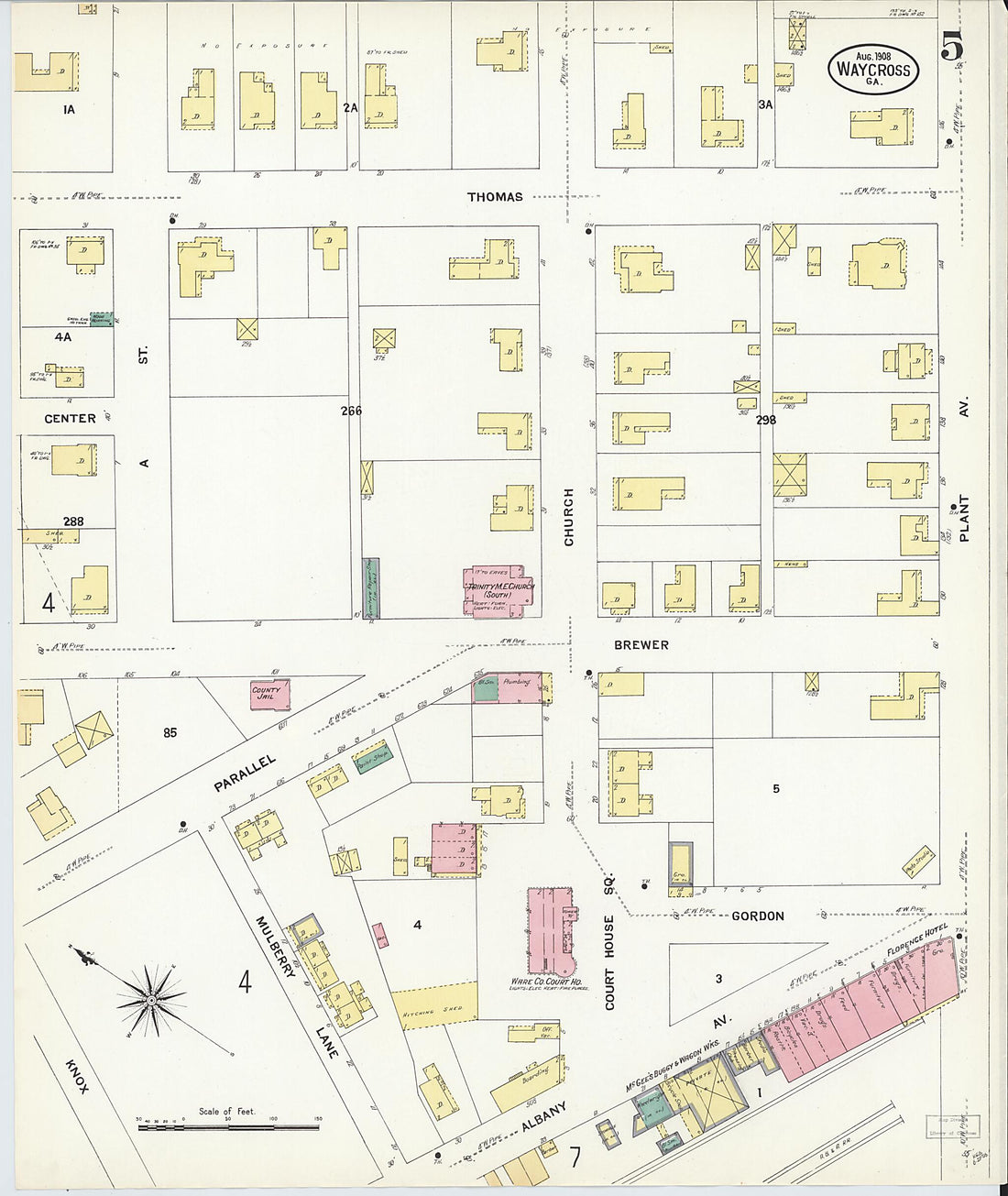 This old map of Waycross, Ware County, Georgia was created by Sanborn Map Company in 1908