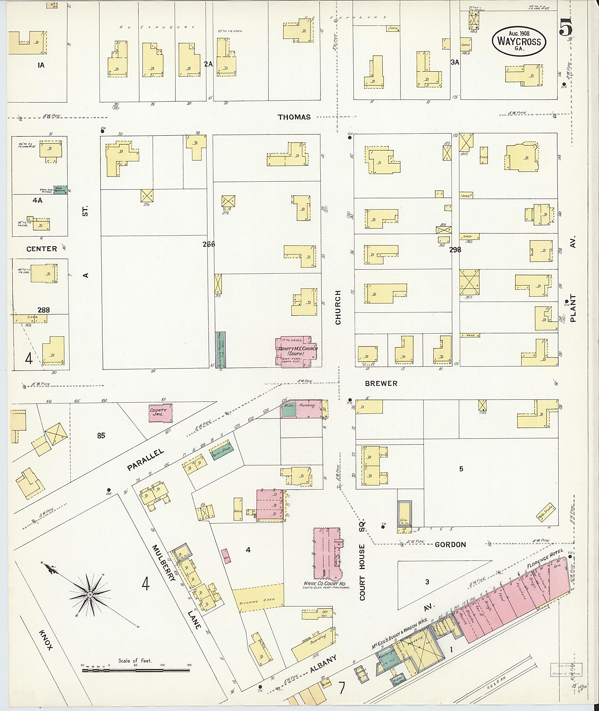 This old map of Waycross, Ware County, Georgia was created by Sanborn Map Company in 1908