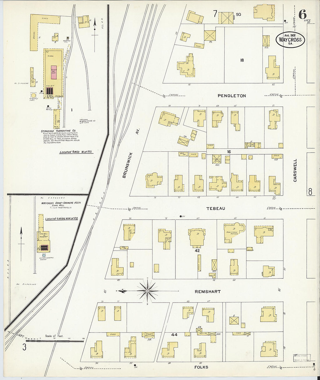 This old map of Waycross, Ware County, Georgia was created by Sanborn Map Company in 1908