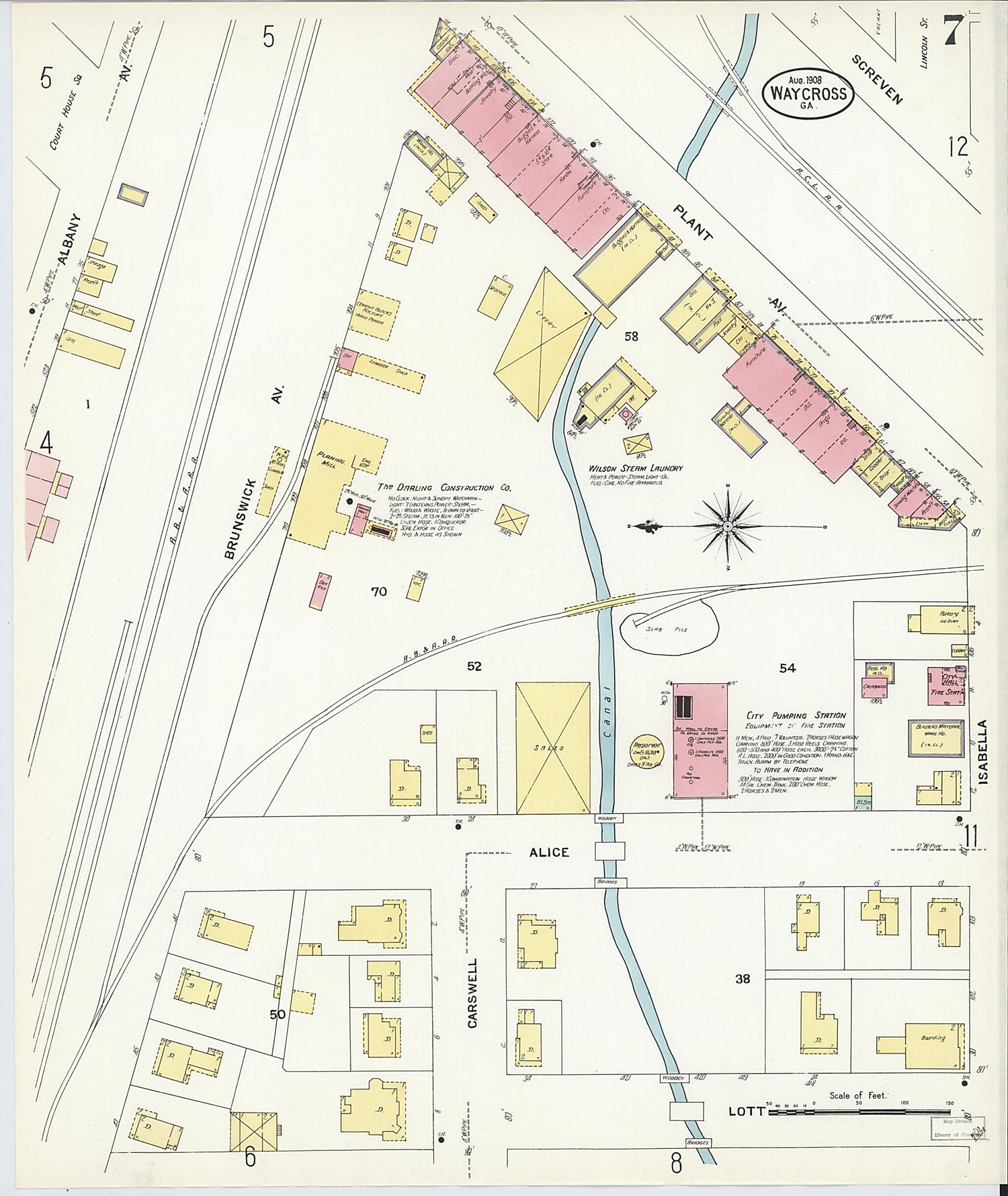 This old map of Waycross, Ware County, Georgia was created by Sanborn Map Company in 1908