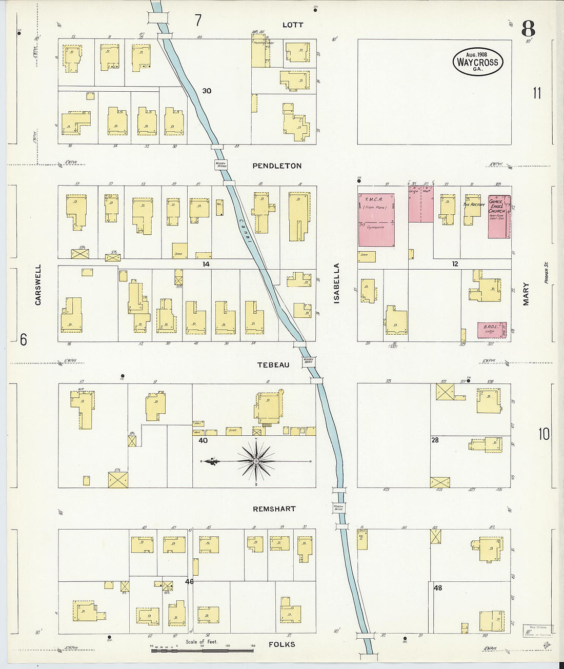 This old map of Waycross, Ware County, Georgia was created by Sanborn Map Company in 1908