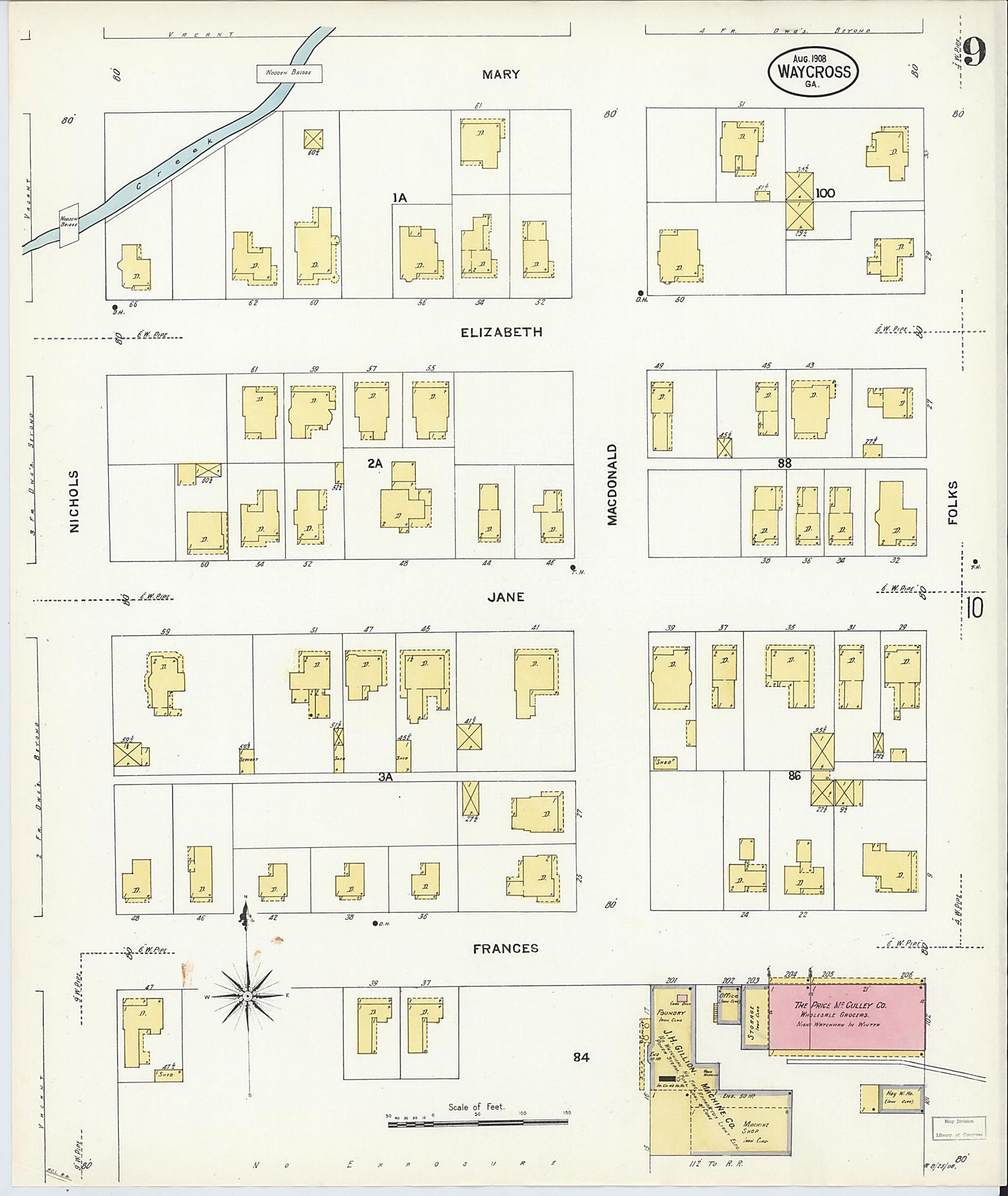 This old map of Waycross, Ware County, Georgia was created by Sanborn Map Company in 1908