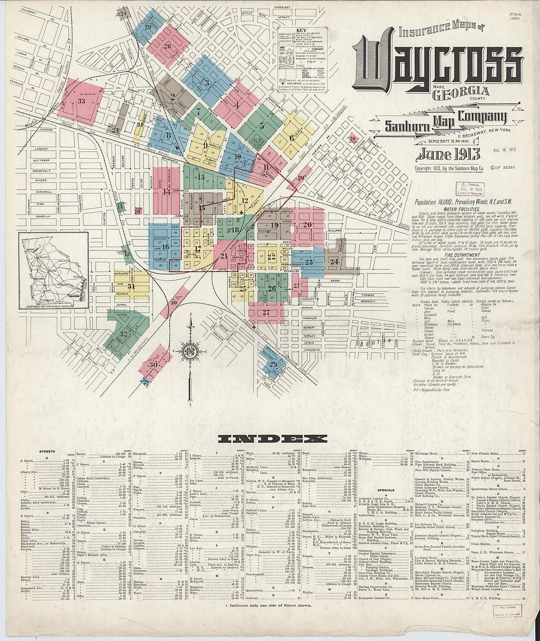 This old map of Waycross, Ware County, Georgia was created by Sanborn Map Company in 1913