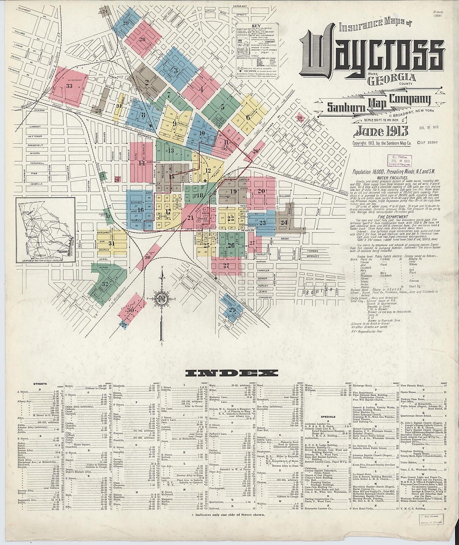 This old map of Waycross, Ware County, Georgia was created by Sanborn Map Company in 1913