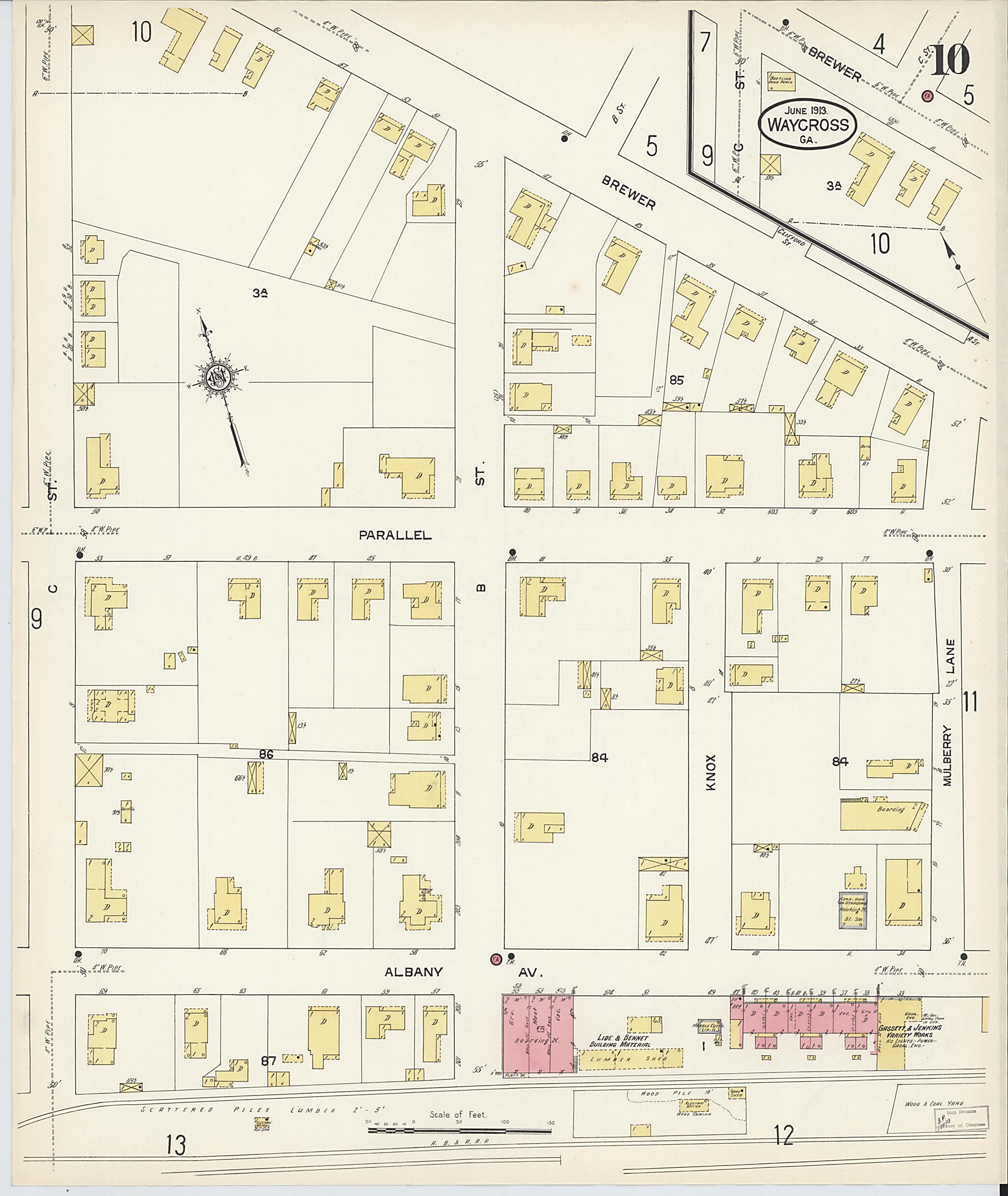 This old map of Waycross, Ware County, Georgia was created by Sanborn Map Company in 1913