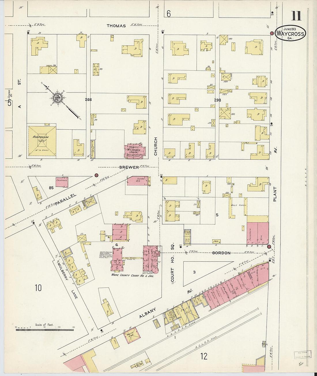 This old map of Waycross, Ware County, Georgia was created by Sanborn Map Company in 1913