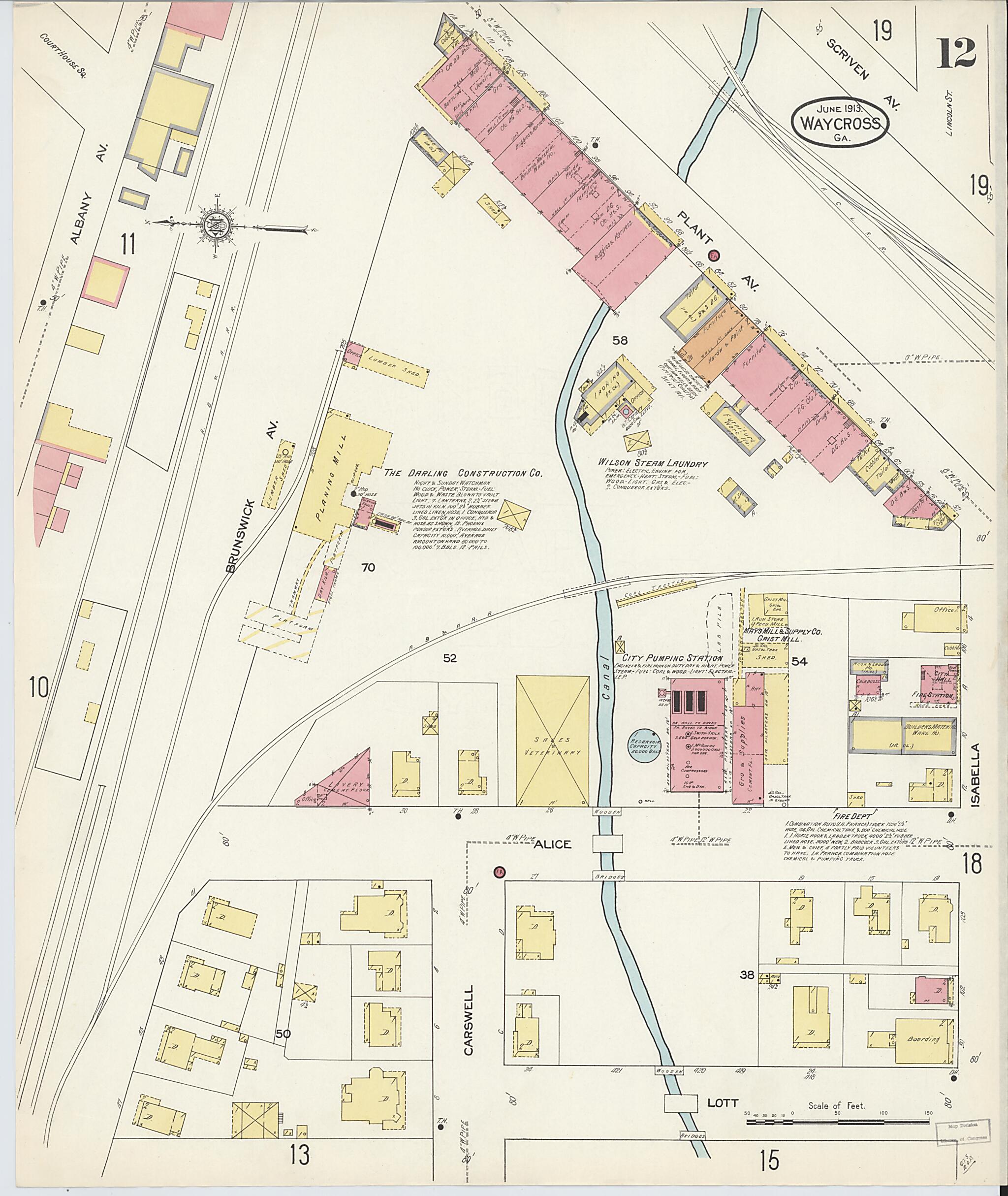 This old map of Waycross, Ware County, Georgia was created by Sanborn Map Company in 1913