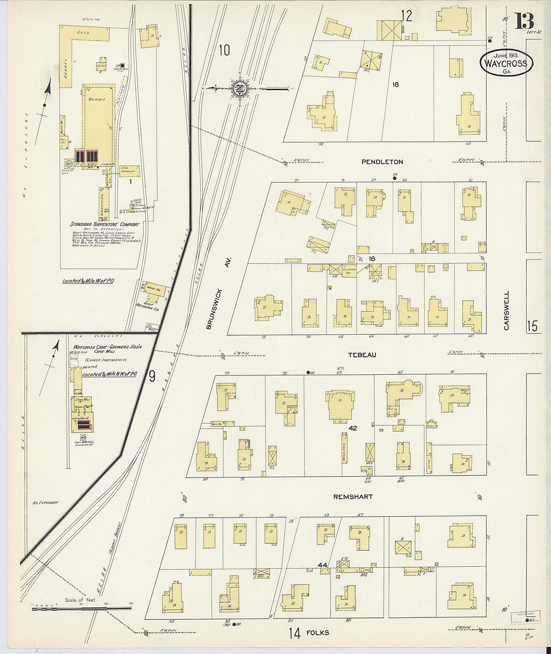 This old map of Waycross, Ware County, Georgia was created by Sanborn Map Company in 1913