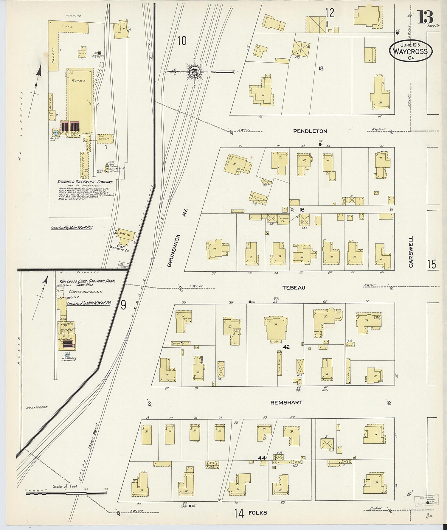 This old map of Waycross, Ware County, Georgia was created by Sanborn Map Company in 1913