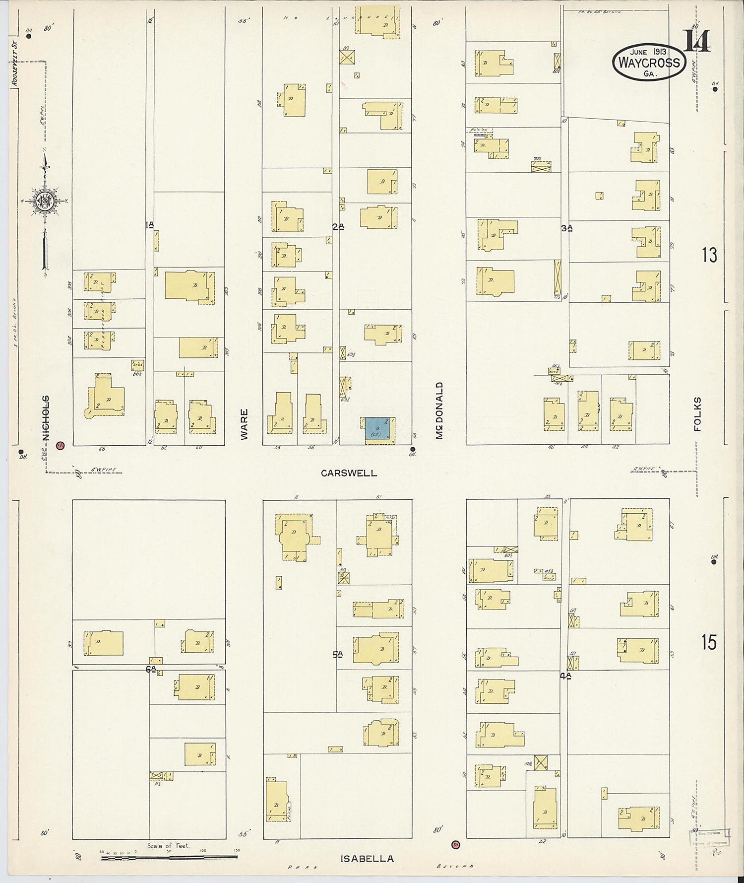 This old map of Waycross, Ware County, Georgia was created by Sanborn Map Company in 1913