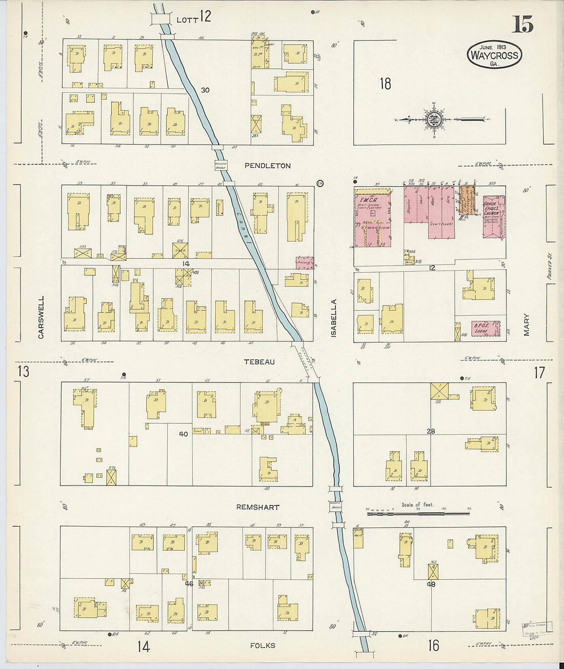 This old map of Waycross, Ware County, Georgia was created by Sanborn Map Company in 1913