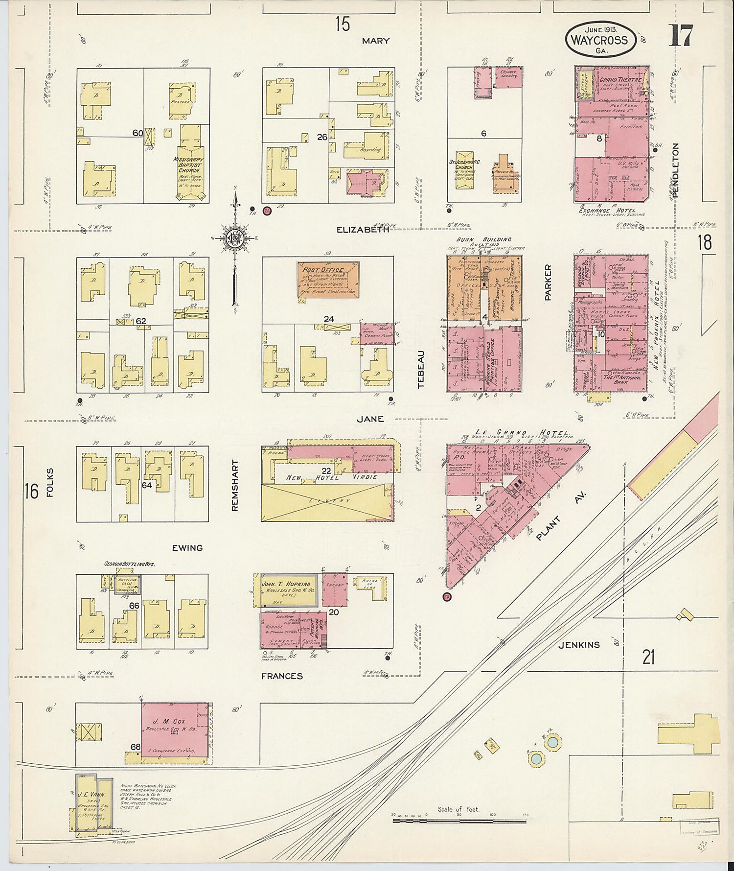 This old map of Waycross, Ware County, Georgia was created by Sanborn Map Company in 1913