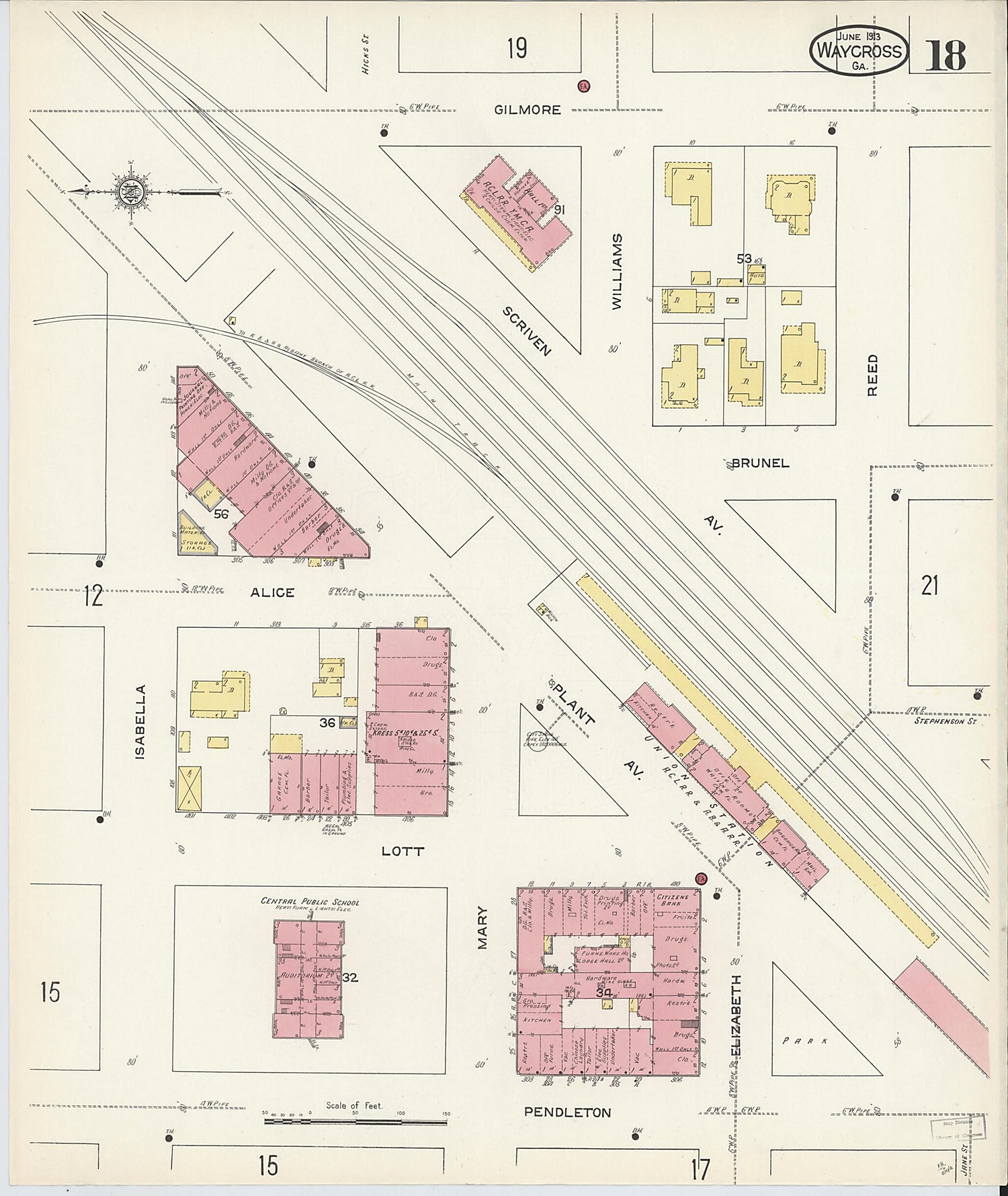 This old map of Waycross, Ware County, Georgia was created by Sanborn Map Company in 1913