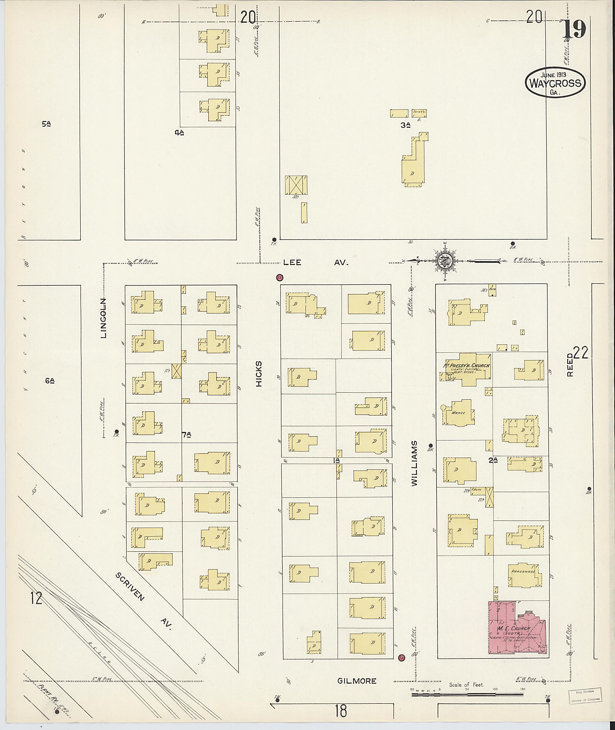 This old map of Waycross, Ware County, Georgia was created by Sanborn Map Company in 1913