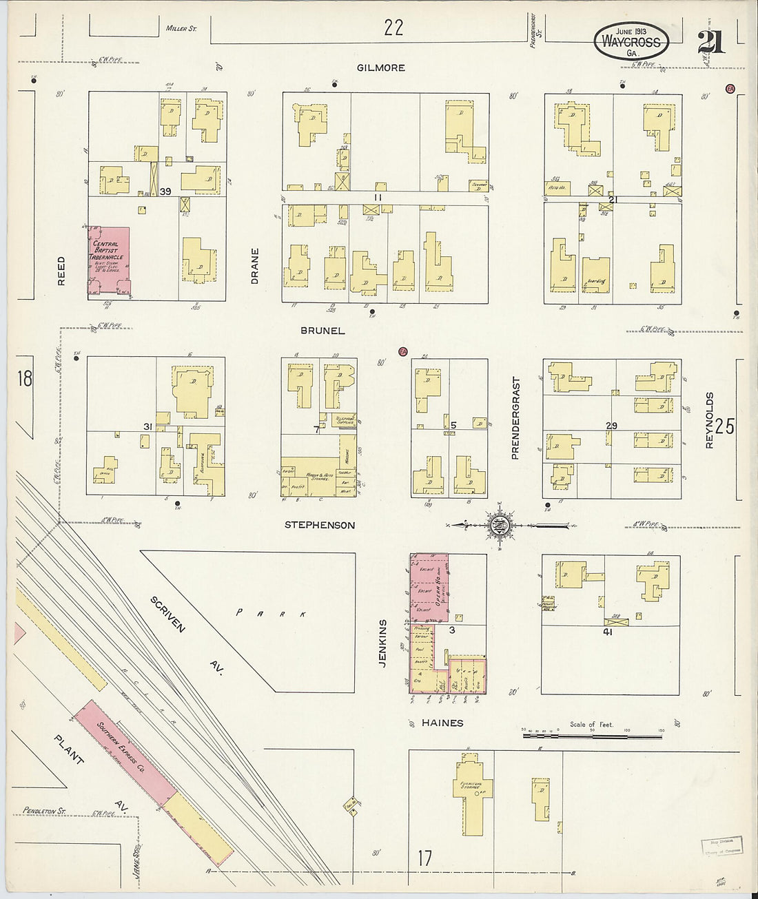 This old map of Waycross, Ware County, Georgia was created by Sanborn Map Company in 1913