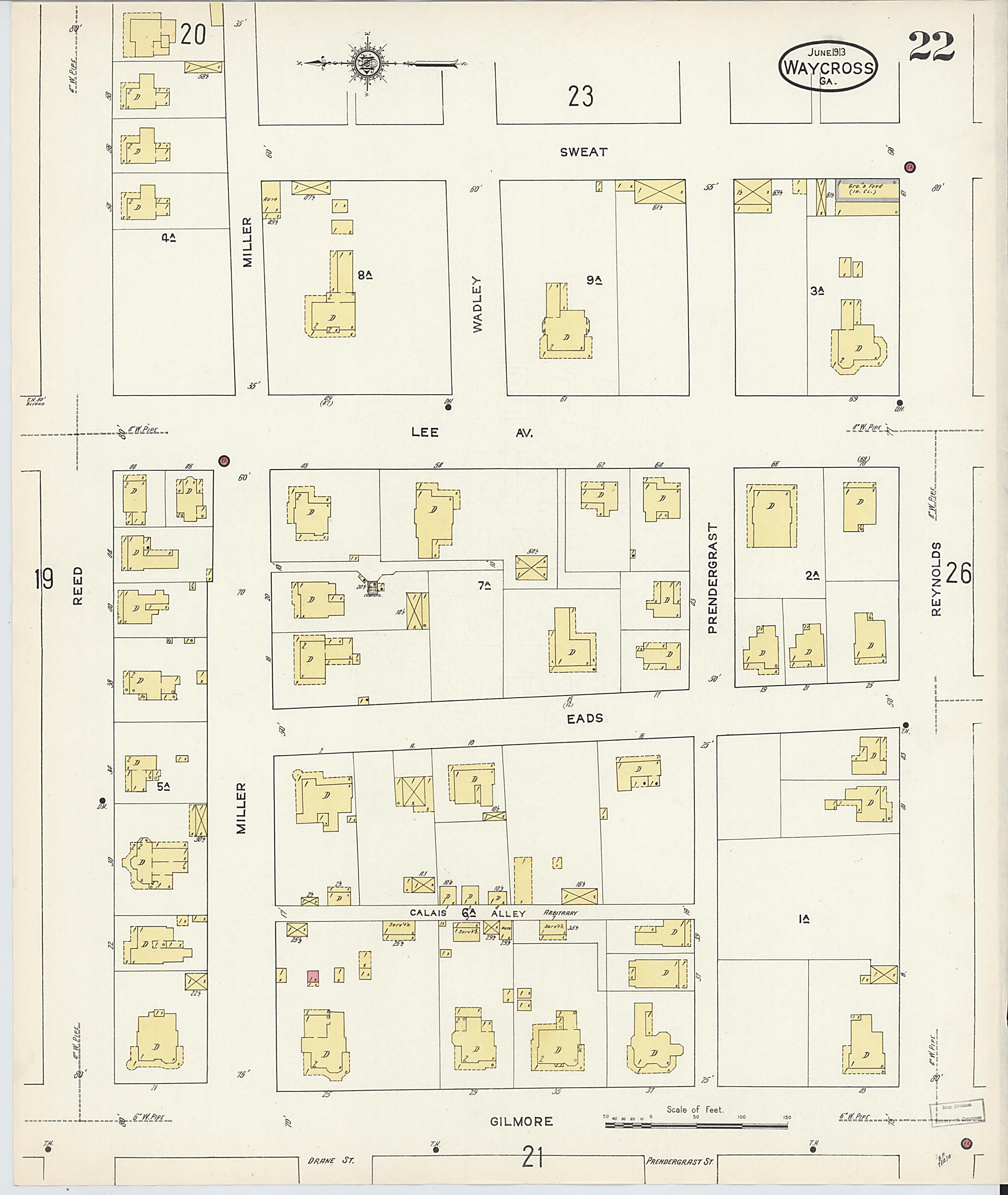 This old map of Waycross, Ware County, Georgia was created by Sanborn Map Company in 1913