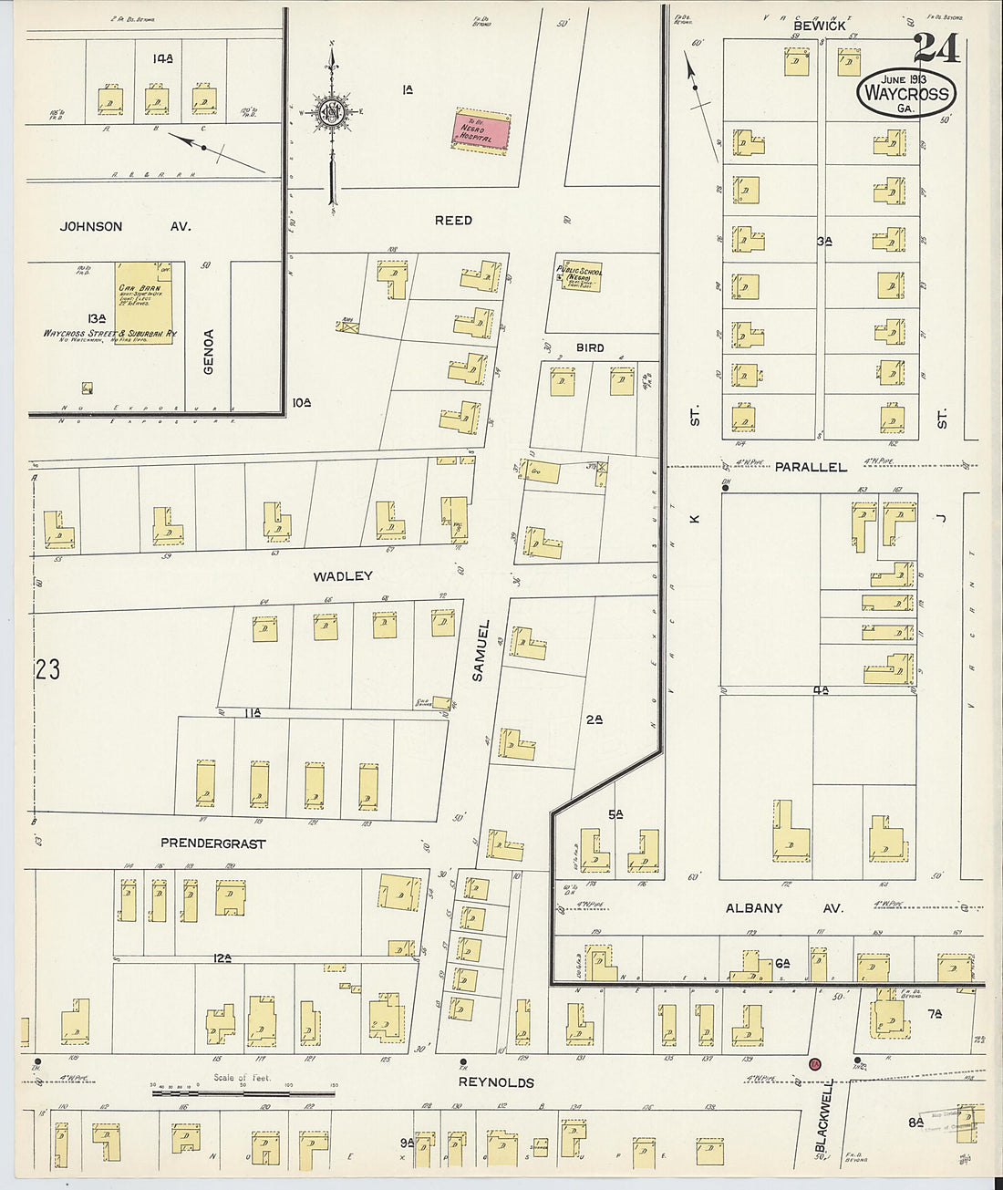 This old map of Waycross, Ware County, Georgia was created by Sanborn Map Company in 1913