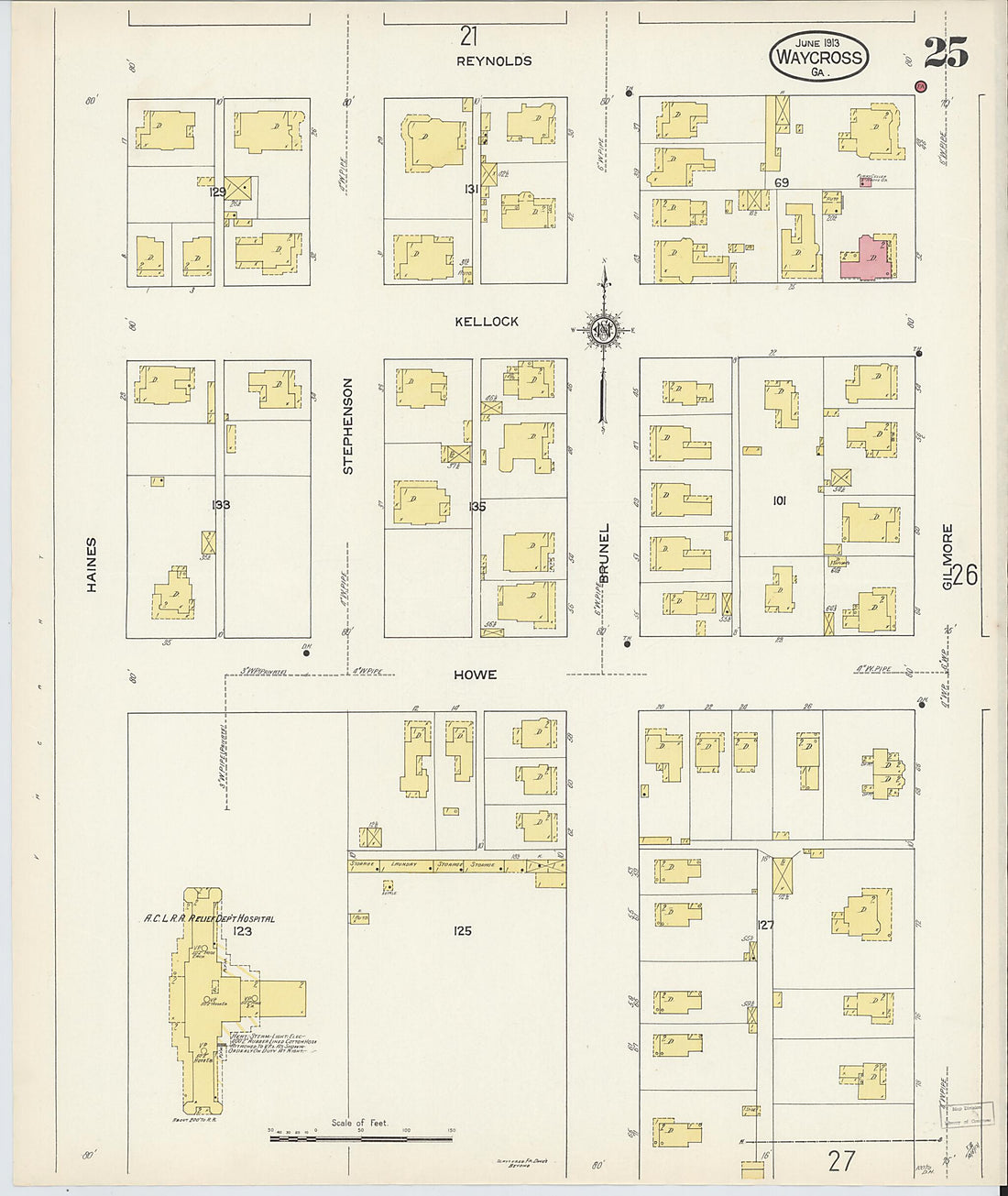 This old map of Waycross, Ware County, Georgia was created by Sanborn Map Company in 1913