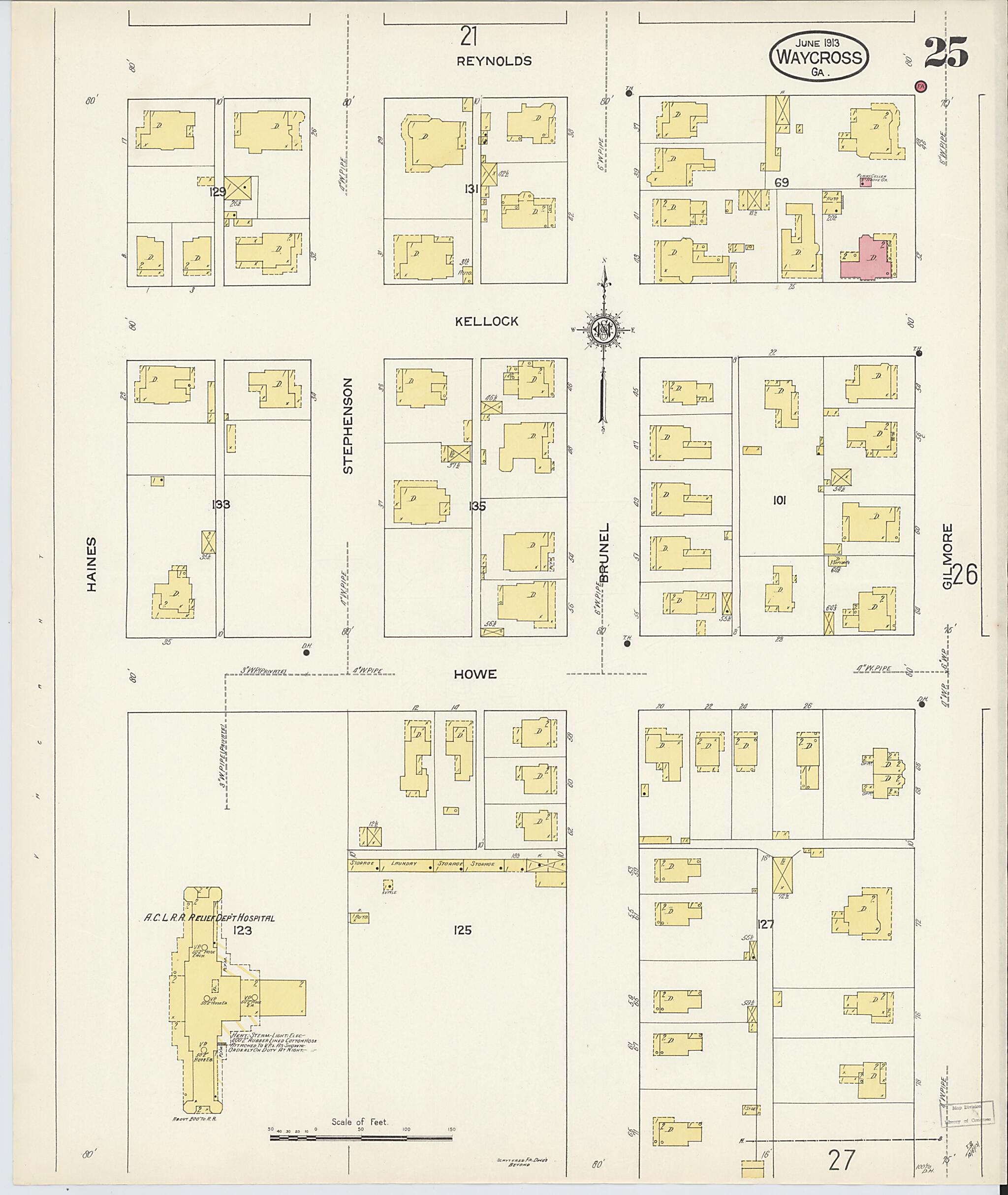 This old map of Waycross, Ware County, Georgia was created by Sanborn Map Company in 1913