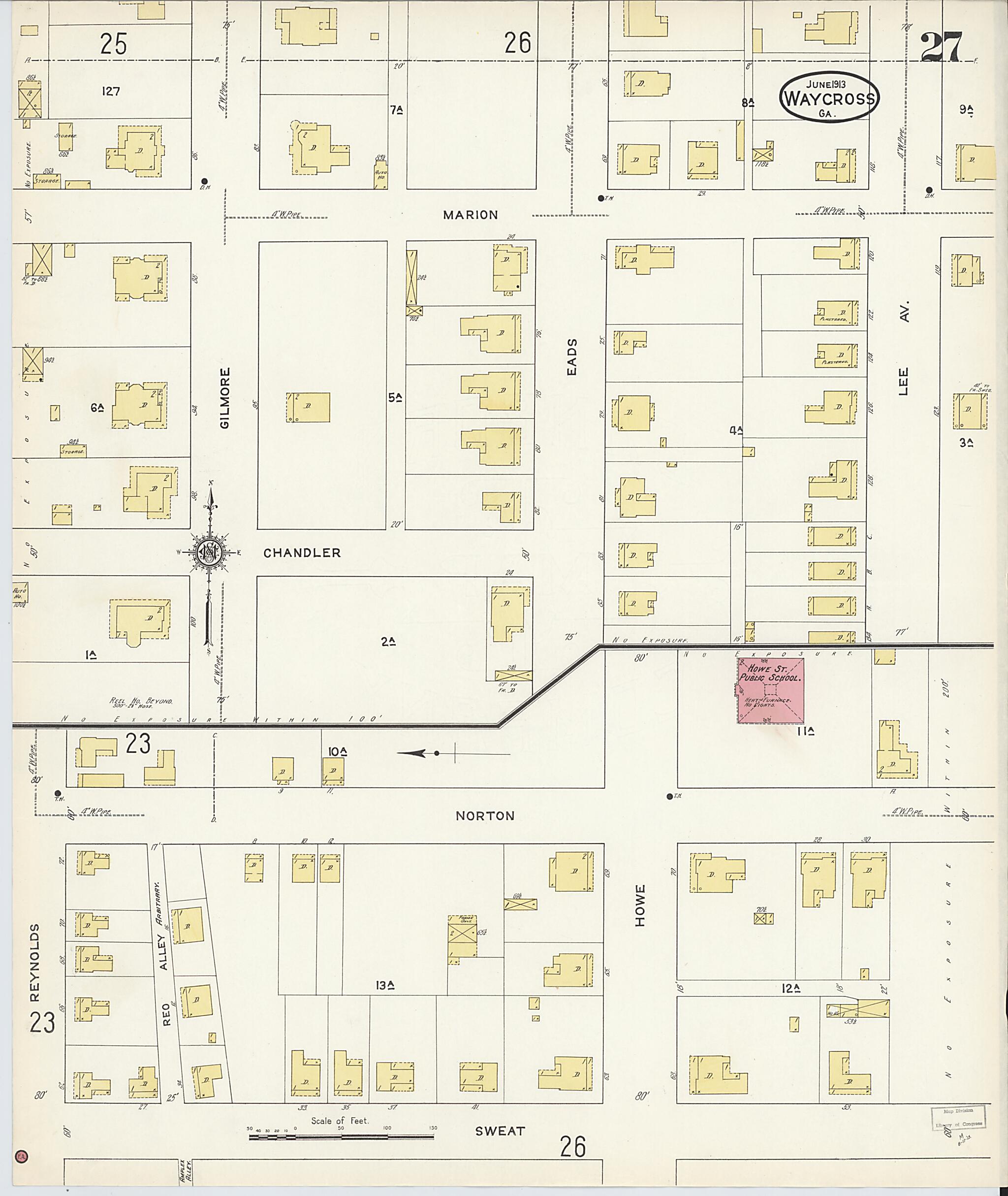 This old map of Waycross, Ware County, Georgia was created by Sanborn Map Company in 1913