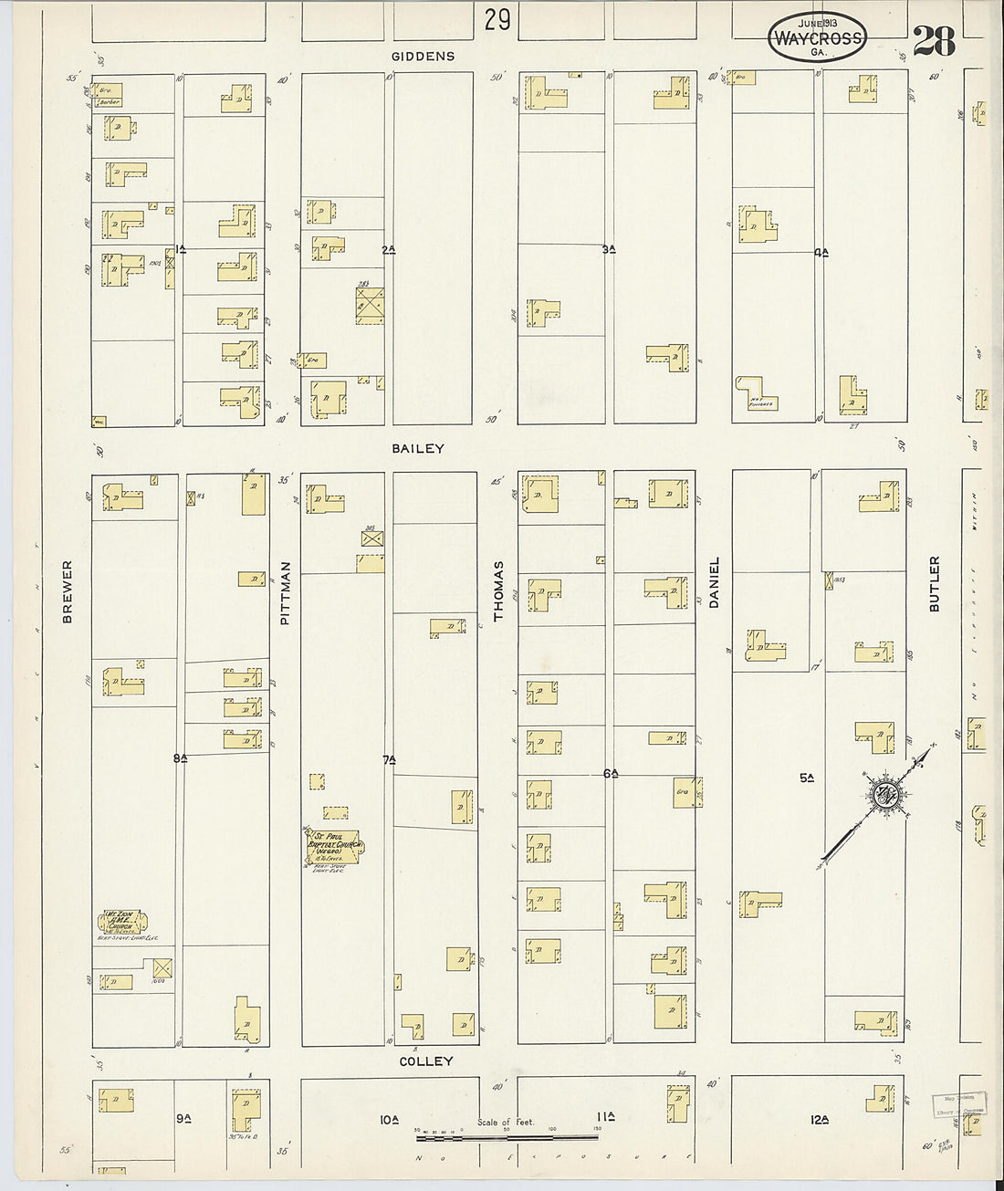 This old map of Waycross, Ware County, Georgia was created by Sanborn Map Company in 1913