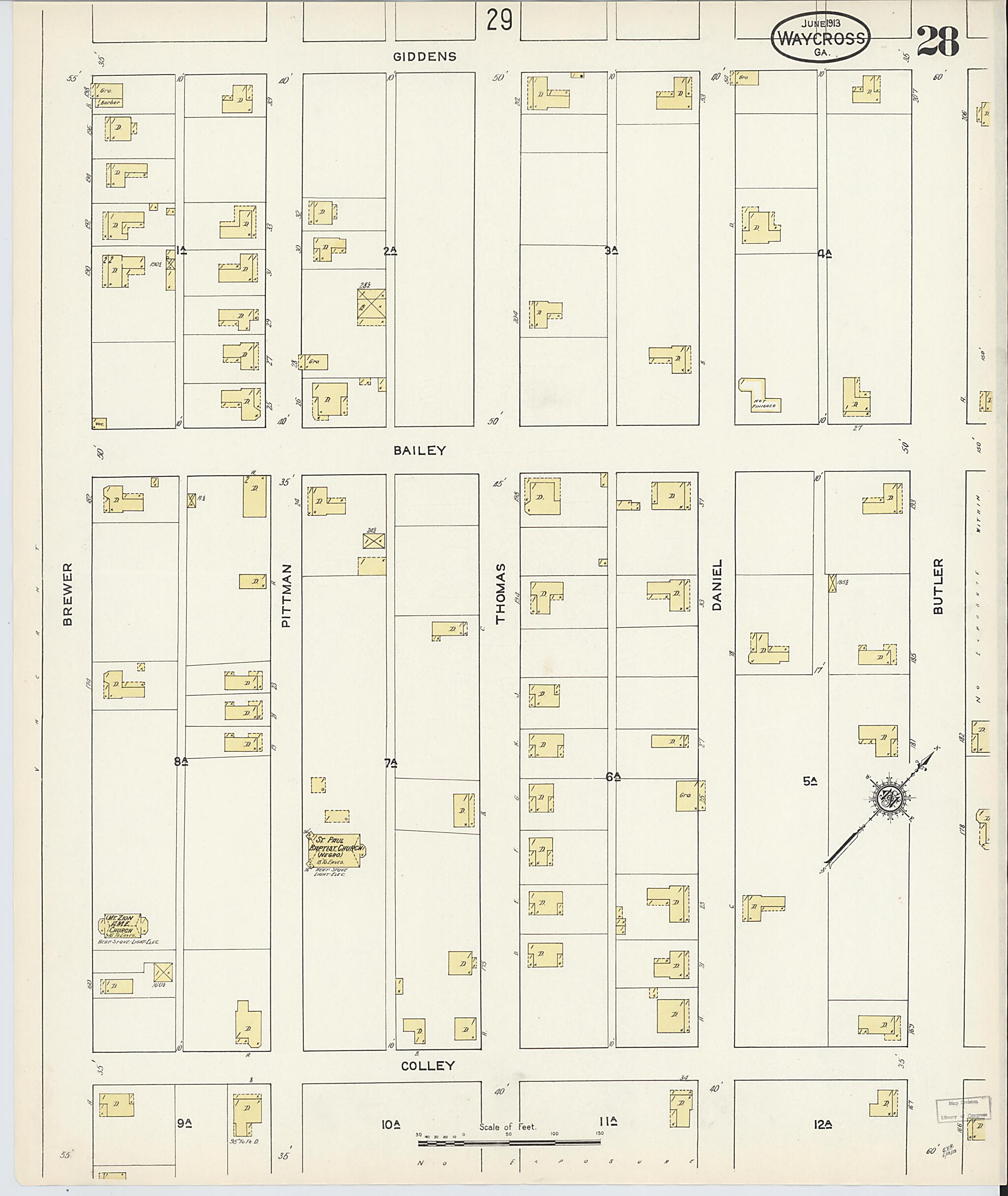 This old map of Waycross, Ware County, Georgia was created by Sanborn Map Company in 1913