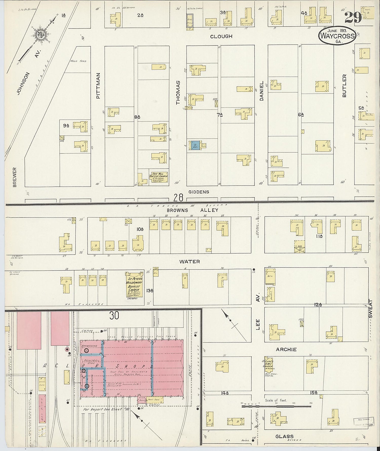 This old map of Waycross, Ware County, Georgia was created by Sanborn Map Company in 1913