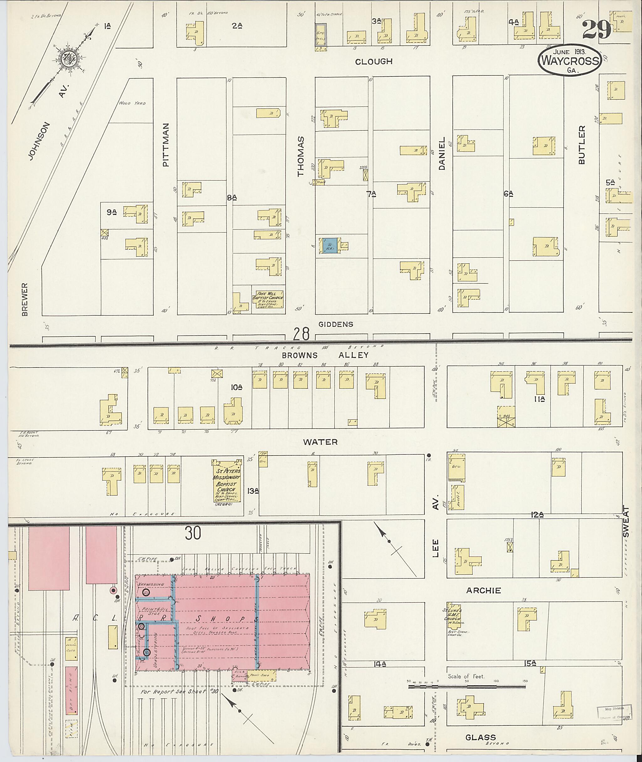 This old map of Waycross, Ware County, Georgia was created by Sanborn Map Company in 1913