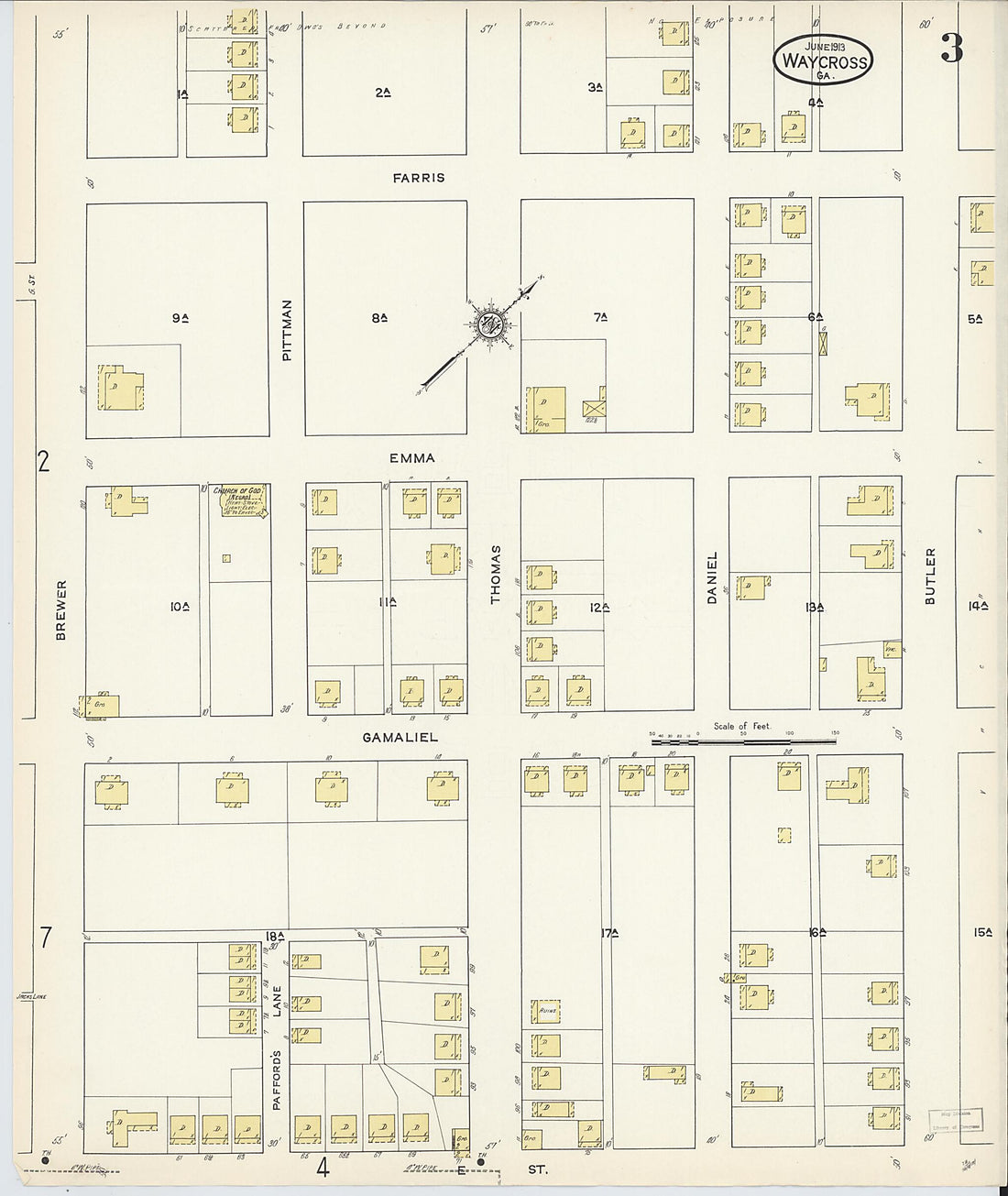 This old map of Waycross, Ware County, Georgia was created by Sanborn Map Company in 1913