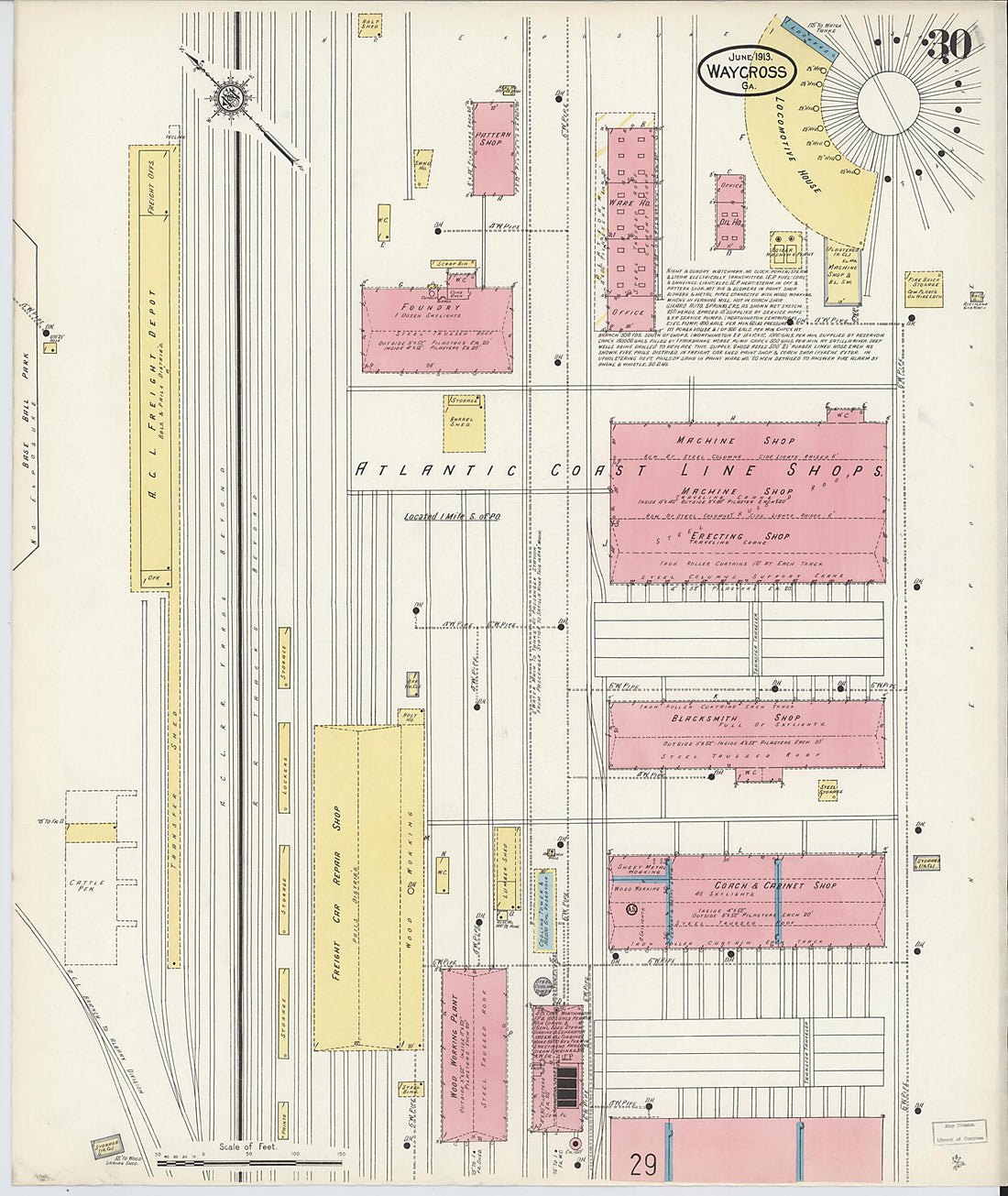 This old map of Waycross, Ware County, Georgia was created by Sanborn Map Company in 1913