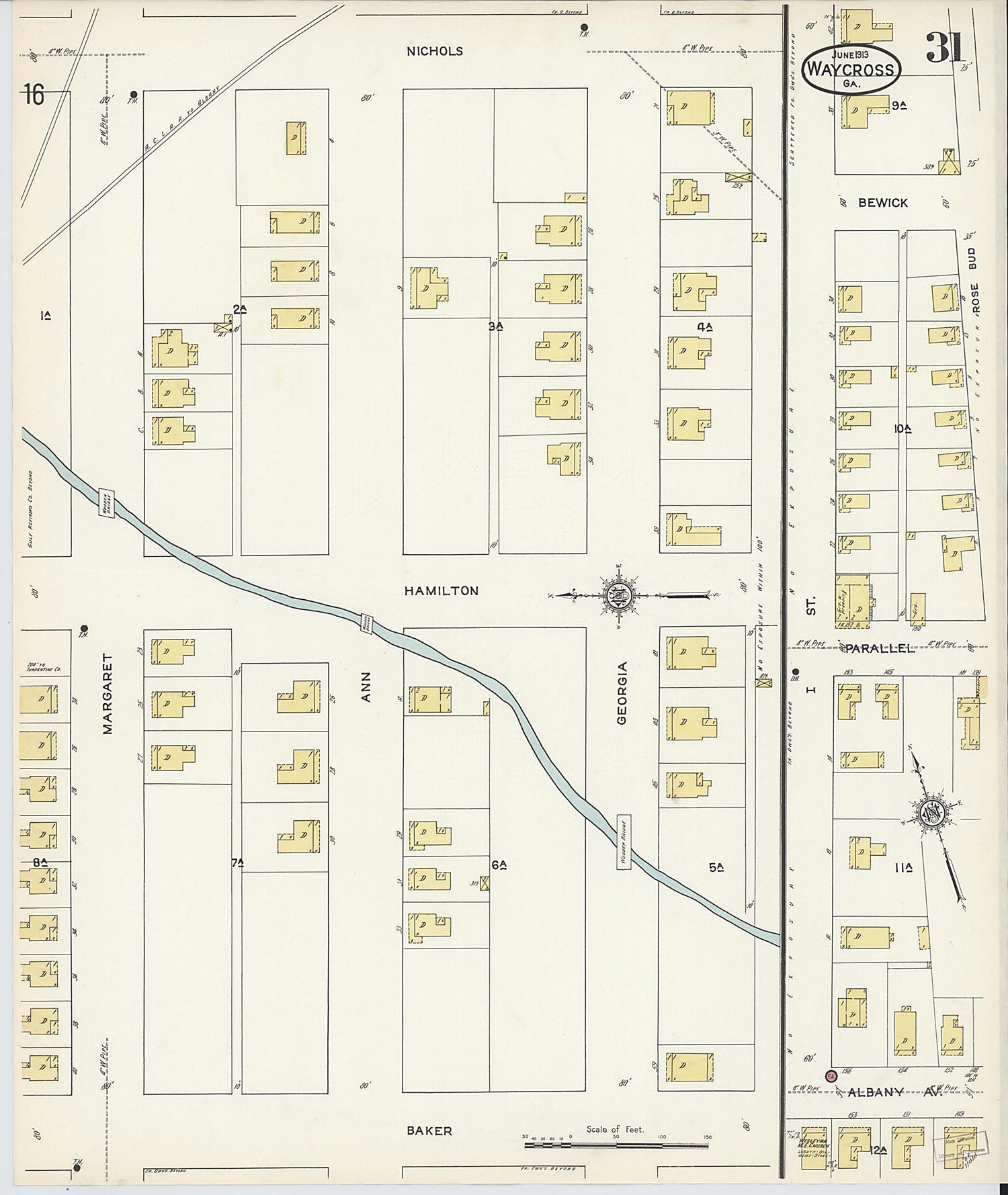 This old map of Waycross, Ware County, Georgia was created by Sanborn Map Company in 1913