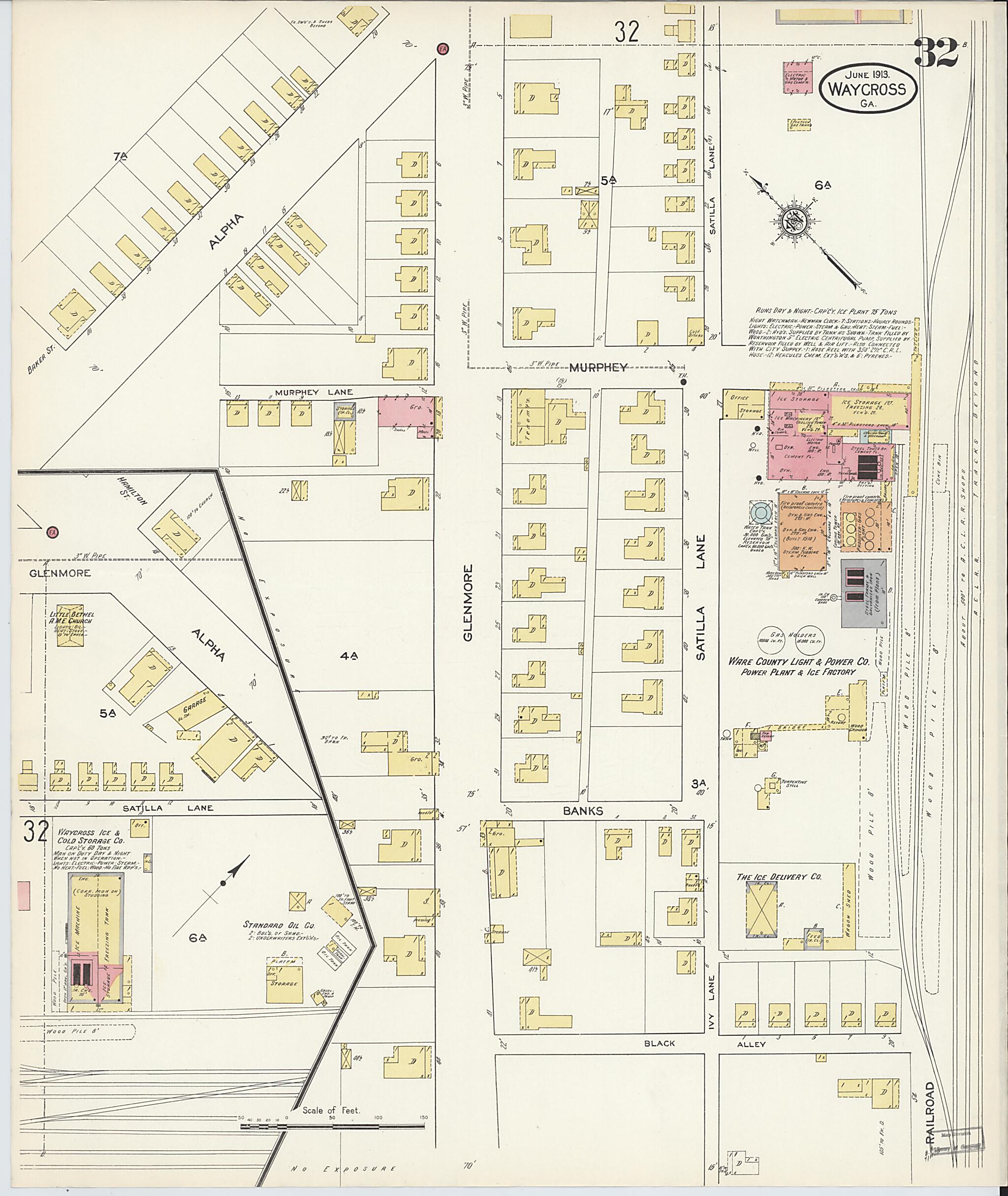 This old map of Waycross, Ware County, Georgia was created by Sanborn Map Company in 1913