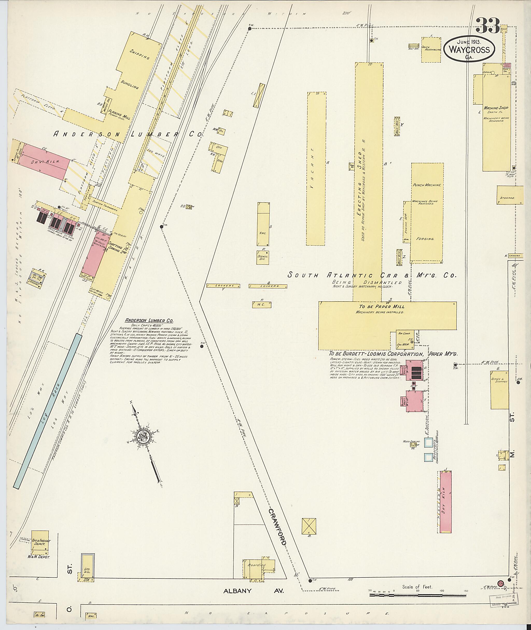 This old map of Waycross, Ware County, Georgia was created by Sanborn Map Company in 1913