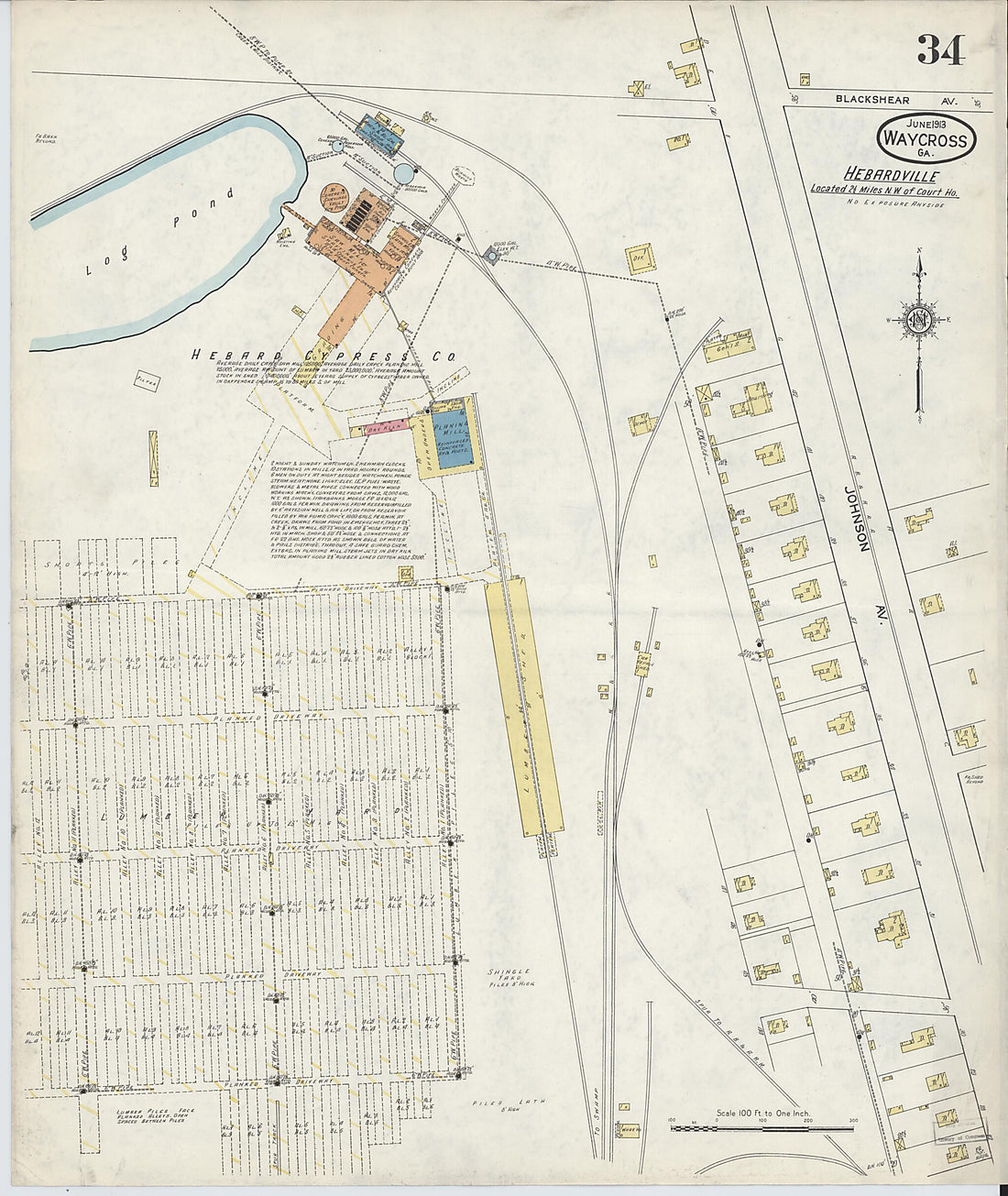 This old map of Waycross, Ware County, Georgia was created by Sanborn Map Company in 1913