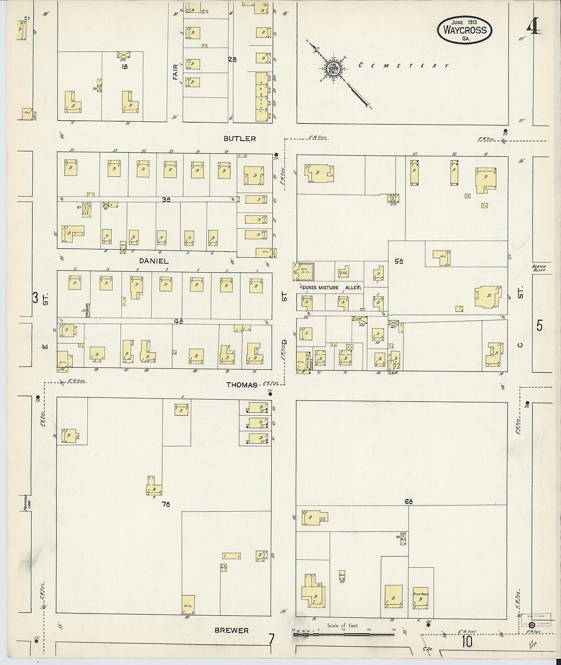 This old map of Waycross, Ware County, Georgia was created by Sanborn Map Company in 1913