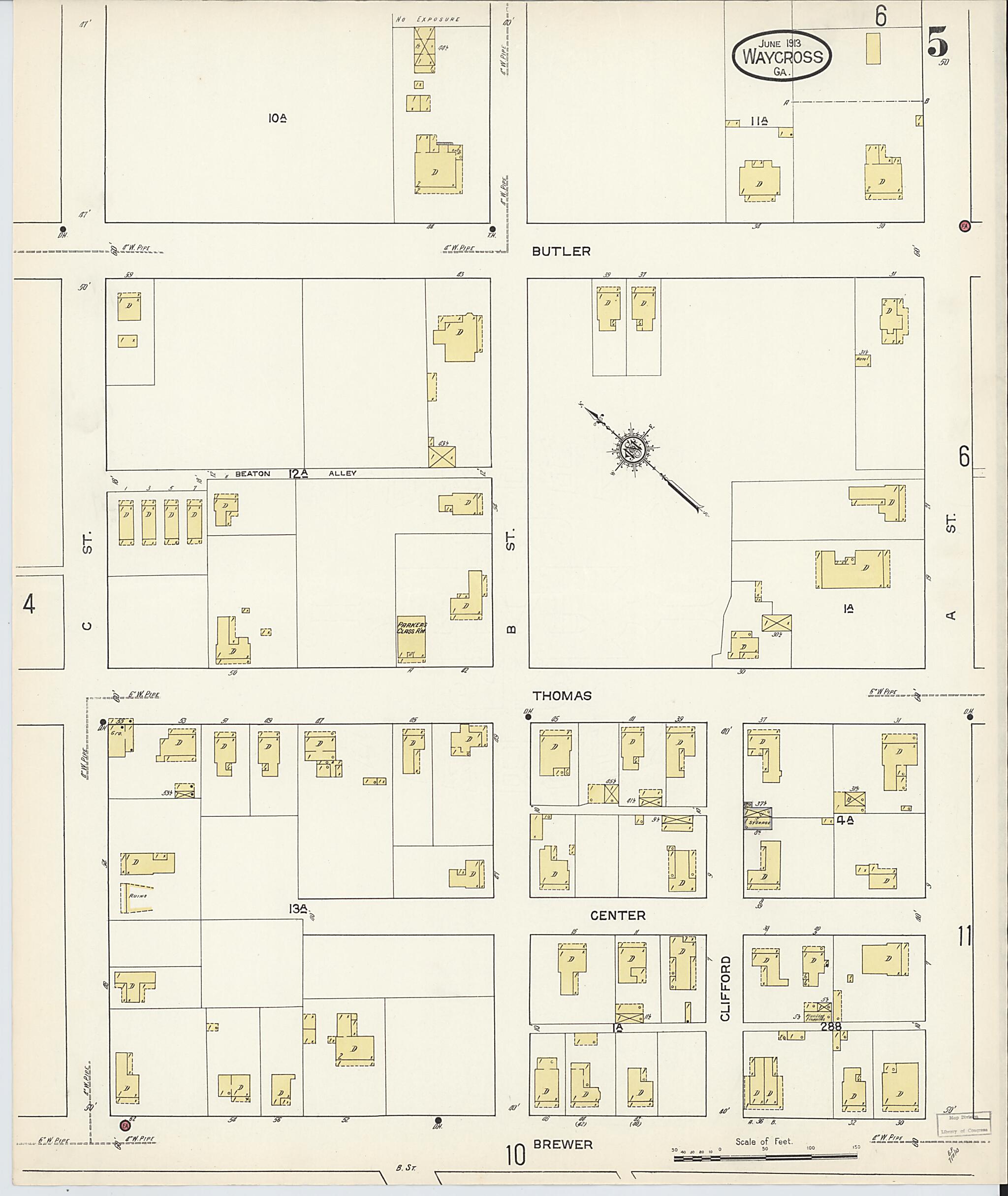 This old map of Waycross, Ware County, Georgia was created by Sanborn Map Company in 1913