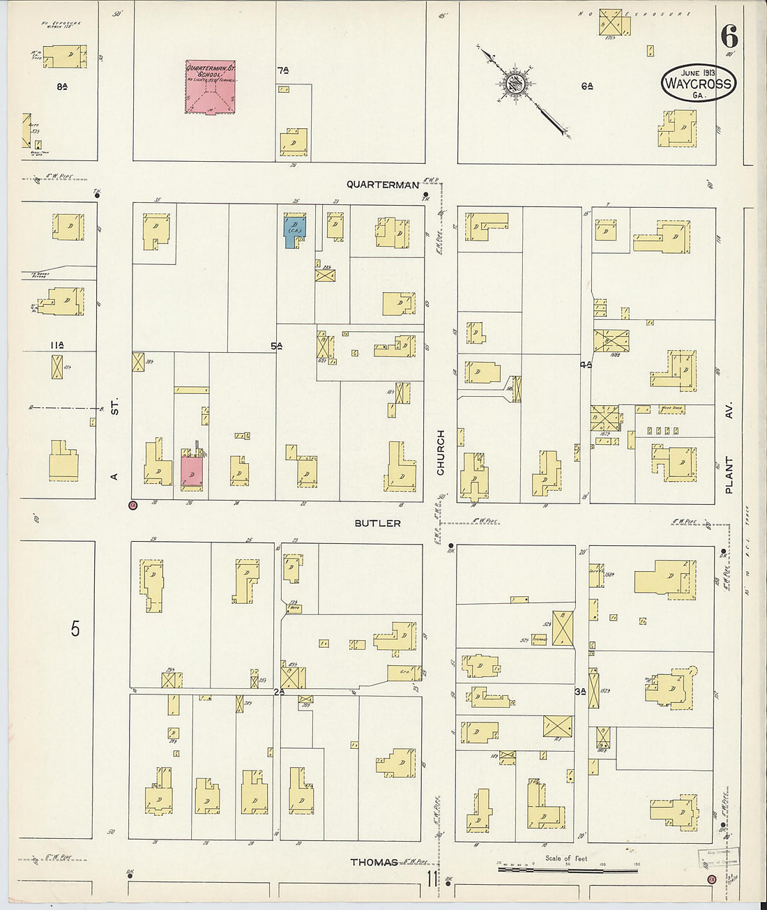 This old map of Waycross, Ware County, Georgia was created by Sanborn Map Company in 1913