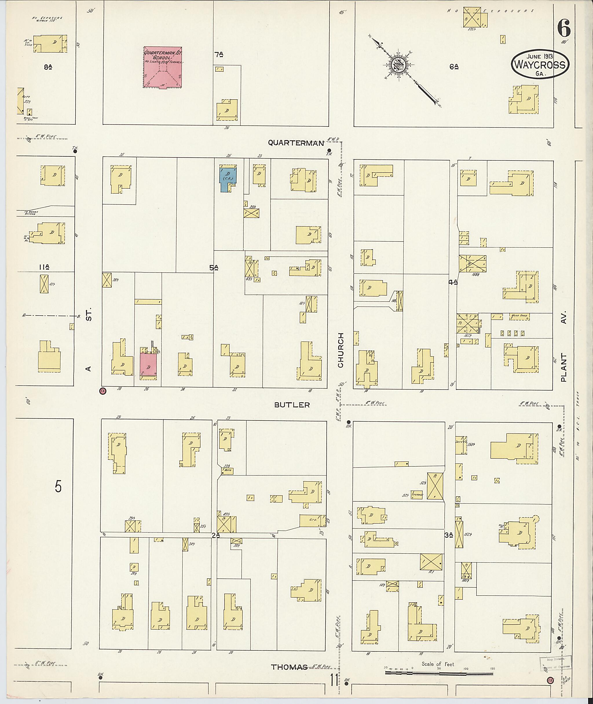 This old map of Waycross, Ware County, Georgia was created by Sanborn Map Company in 1913