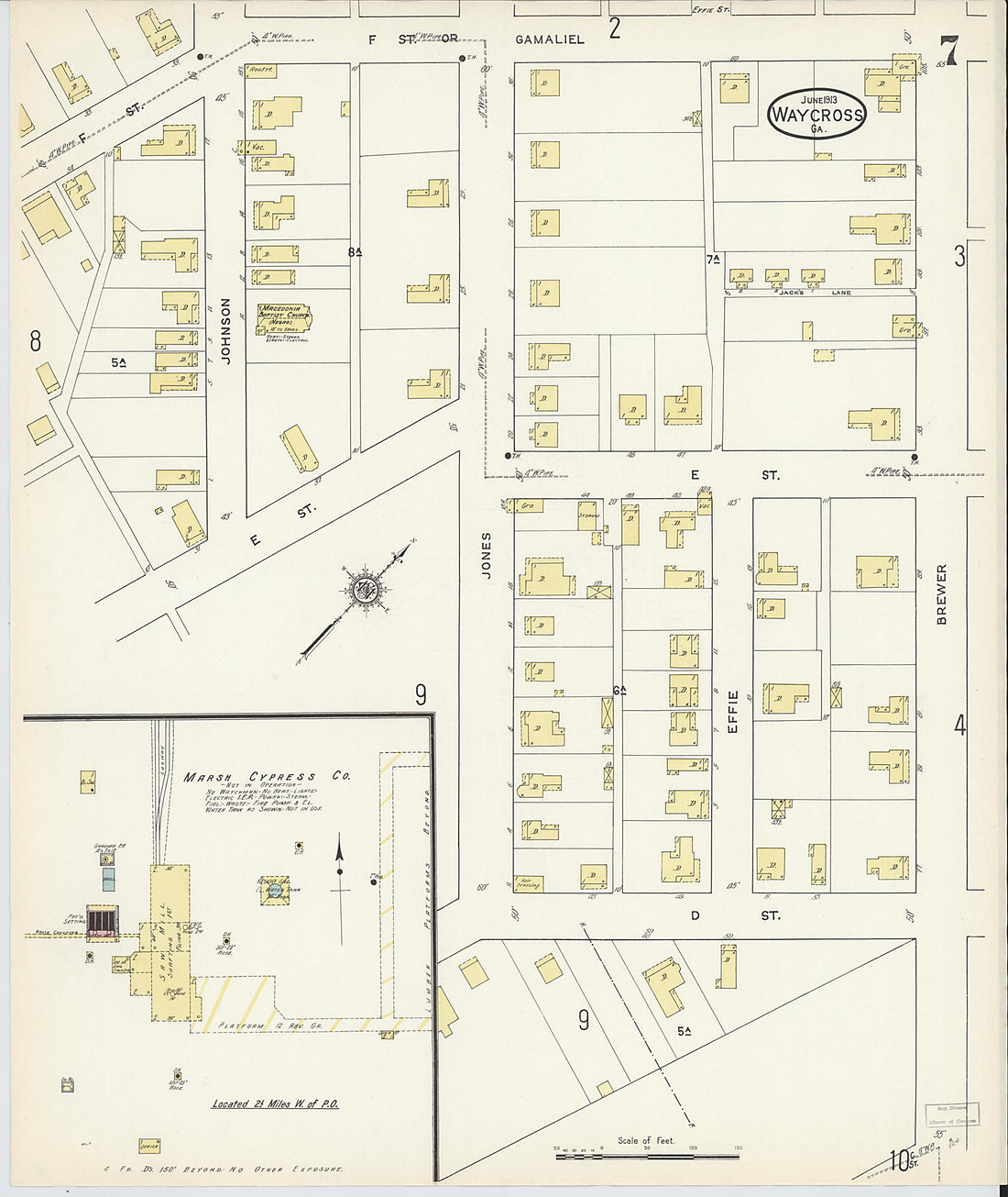 This old map of Waycross, Ware County, Georgia was created by Sanborn Map Company in 1913