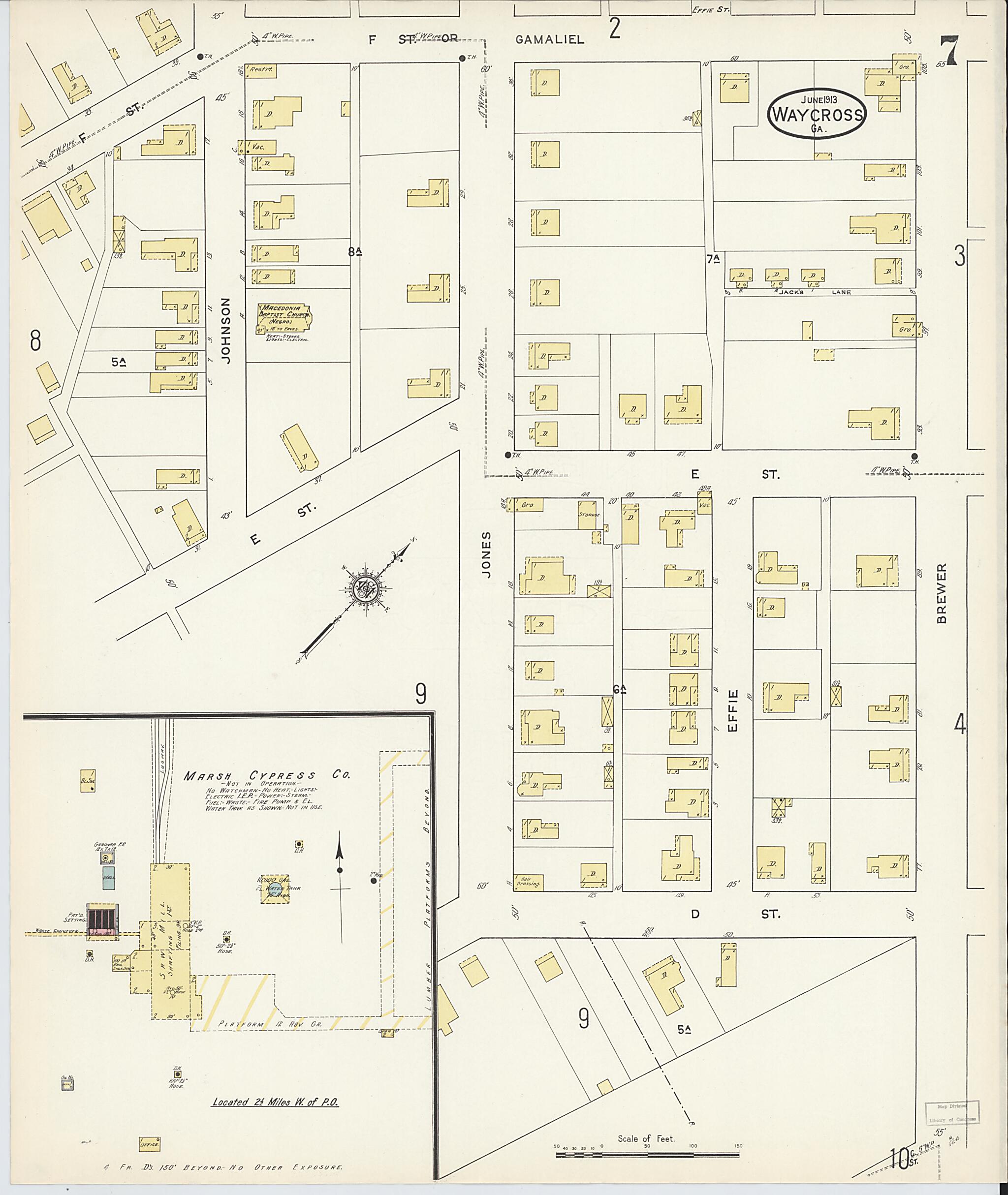 This old map of Waycross, Ware County, Georgia was created by Sanborn Map Company in 1913