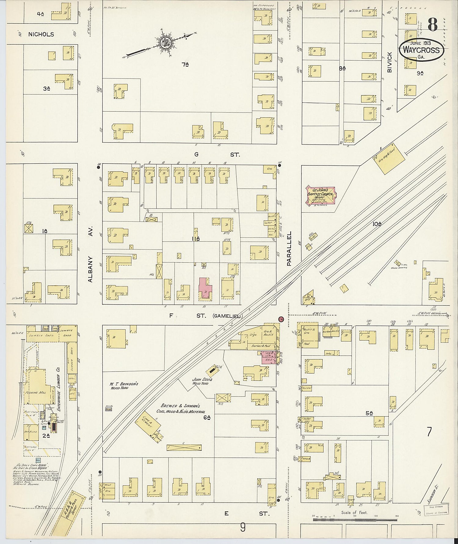 This old map of Waycross, Ware County, Georgia was created by Sanborn Map Company in 1913