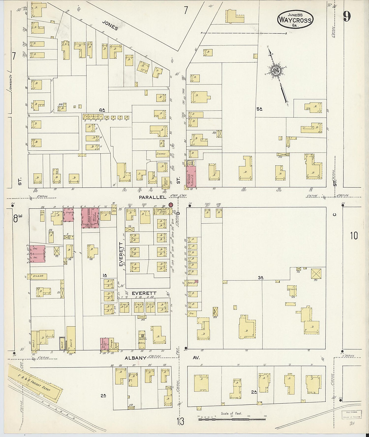 This old map of Waycross, Ware County, Georgia was created by Sanborn Map Company in 1913