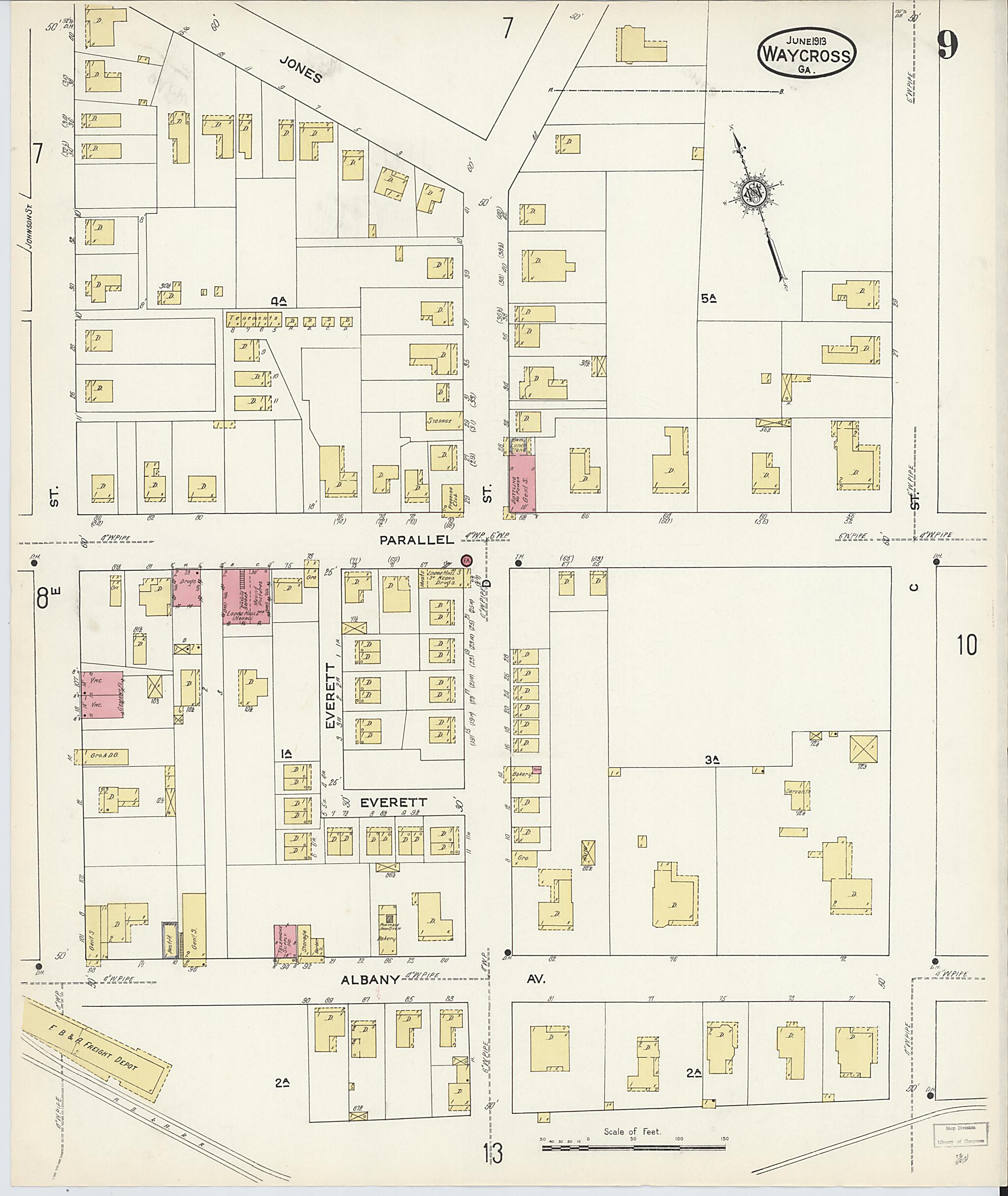 This old map of Waycross, Ware County, Georgia was created by Sanborn Map Company in 1913